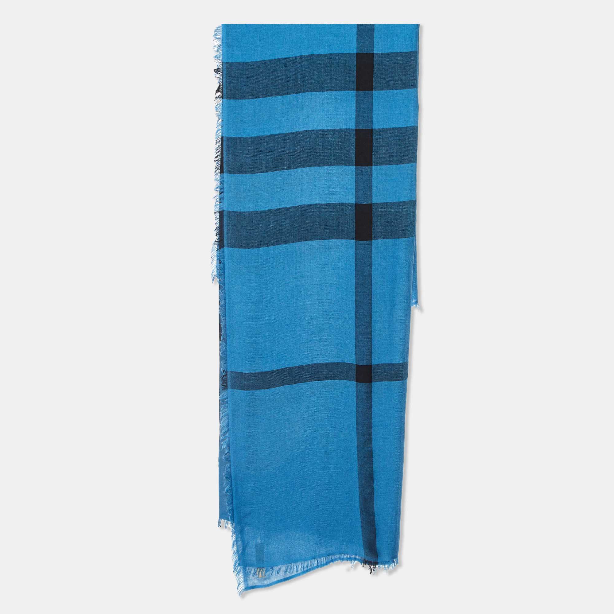 Burberry Blue Giant Check Fringed Cashmere Scarf