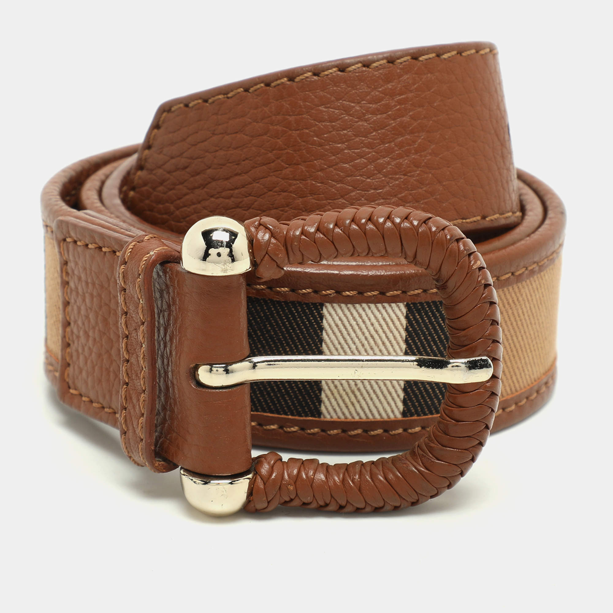 Burberry Beige/Brown Nova Check Canvas and Leather Buckle Belt 90CM