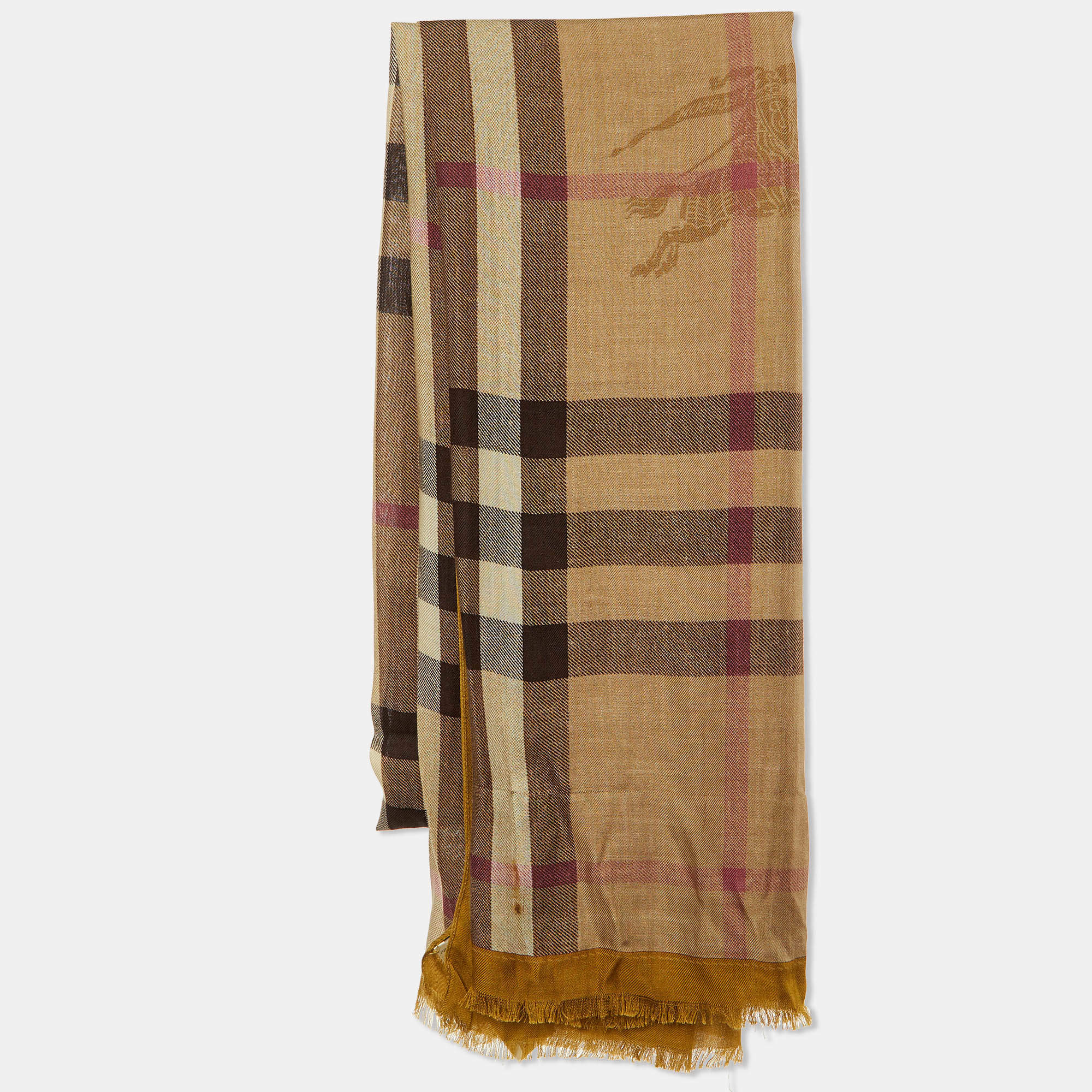 Burberry Yellow Ochre Check Logo Print Modal & Cashmere Stole 
