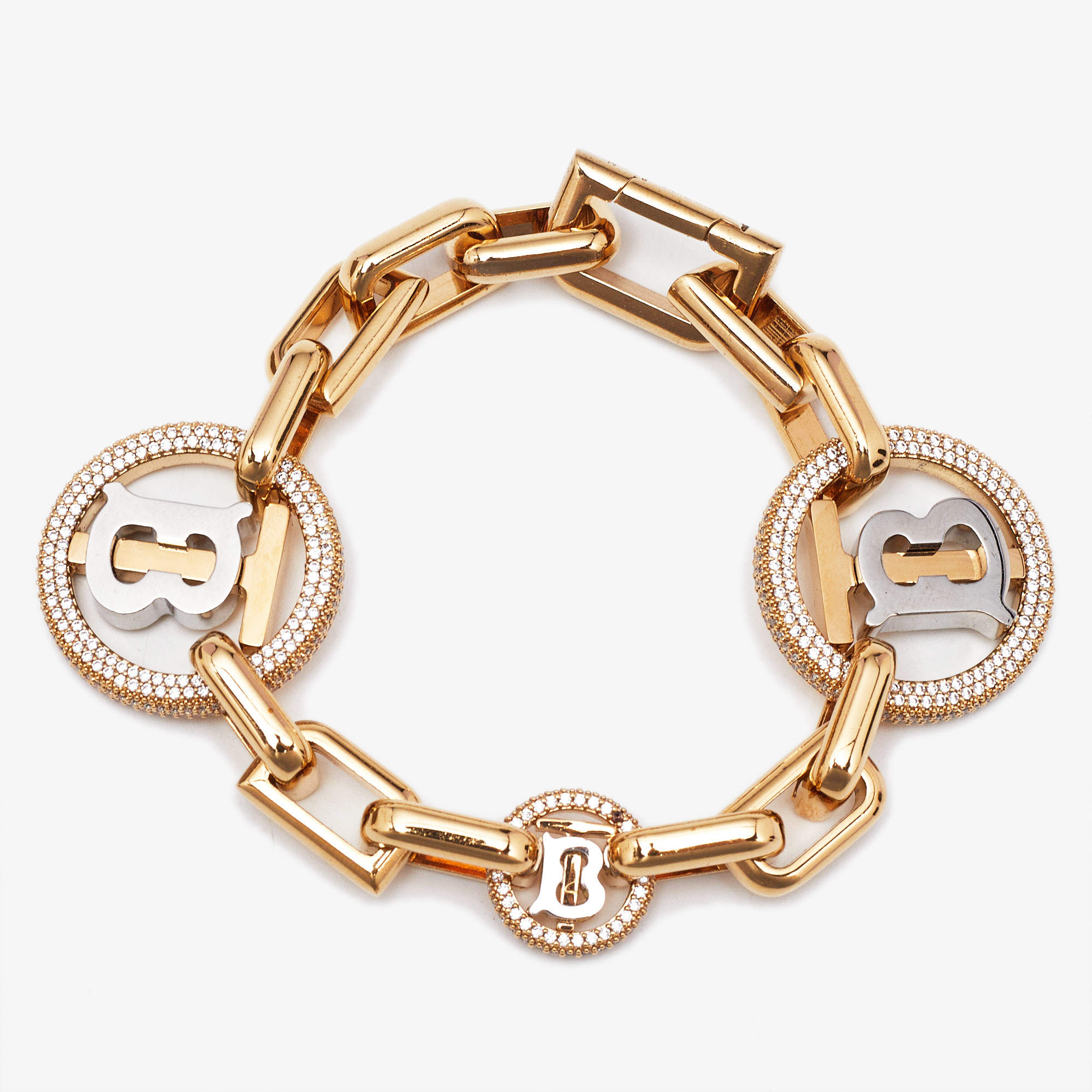 Pre Owned Burberry Gold TB Monogram Crystals Two Tone Bracelet M