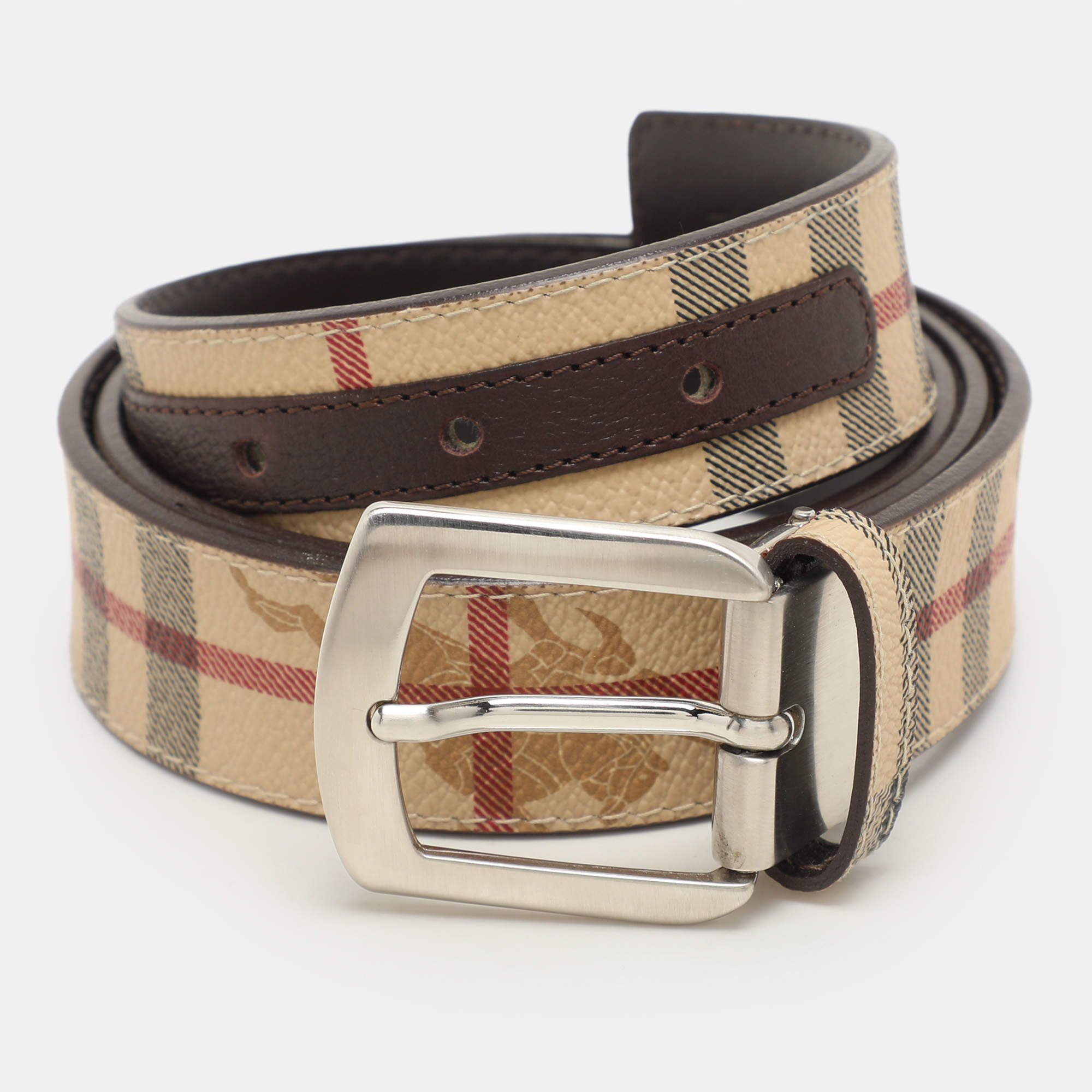 مملوكة مسبقًا Burberry Beige/Brown Haymarket Check Canvas and Leather Buckle Belt 105CM