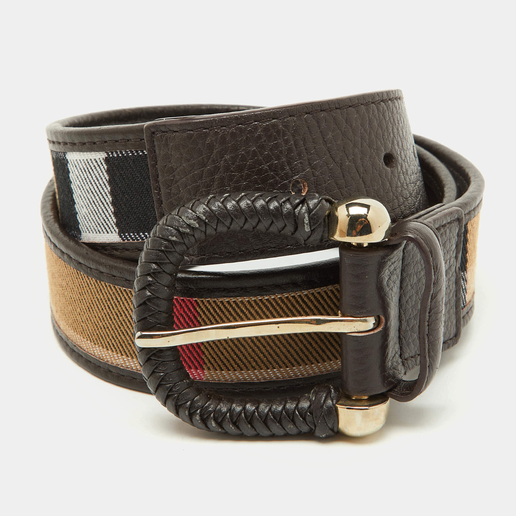 Pre Owned Burberry Beige/Dark Brown Beat Check Canvas and Leather Buckle Belt 95CM