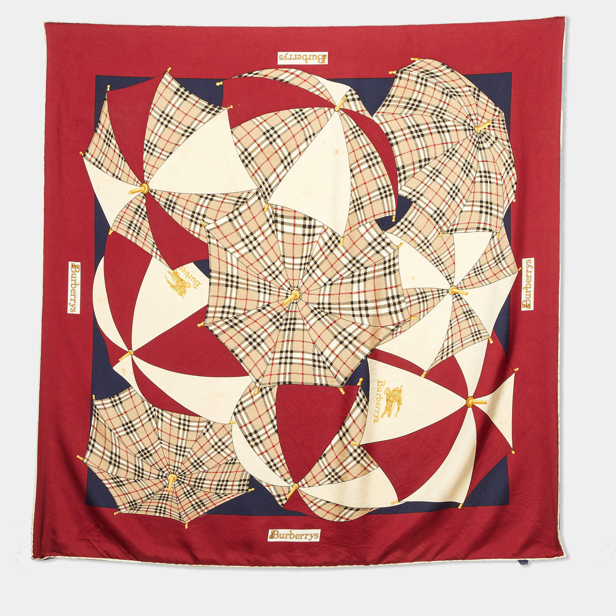 Pre Owned Burberrys' Vintage Burgundy Nova Check Umbrella Print Silk Scarf