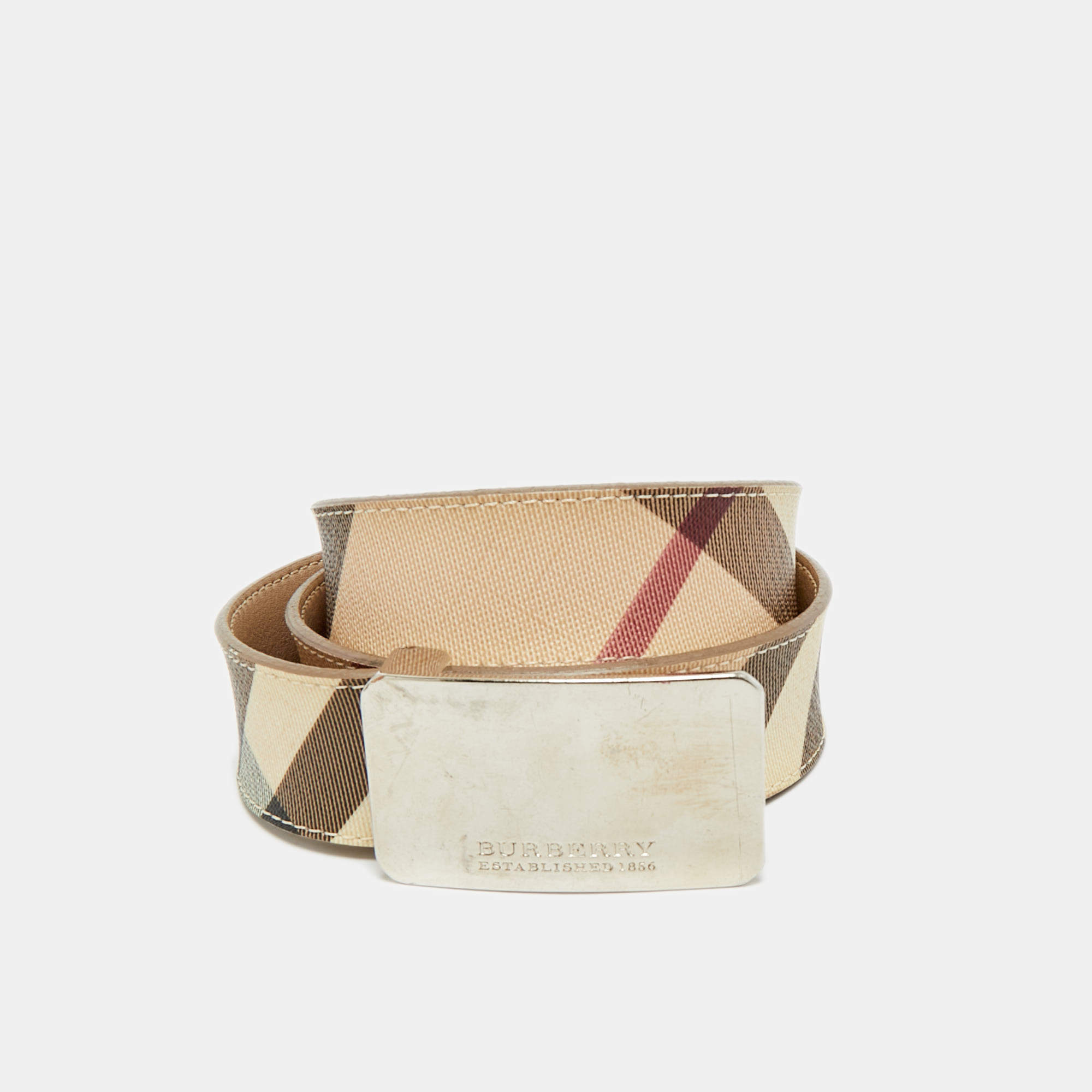 Pre Owned Burberry Beige Nova Check Coated Canvas Logo Plaque Belt 100 CM