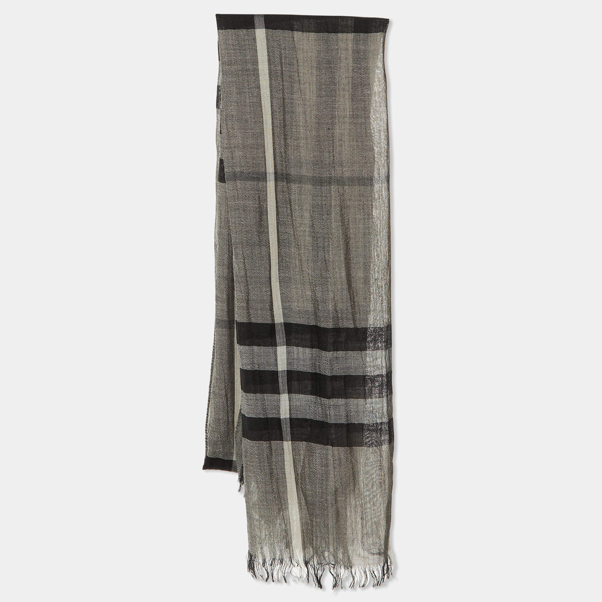 Pre Owned Burberry Black/Cream Checked Wool & Silk Stole
