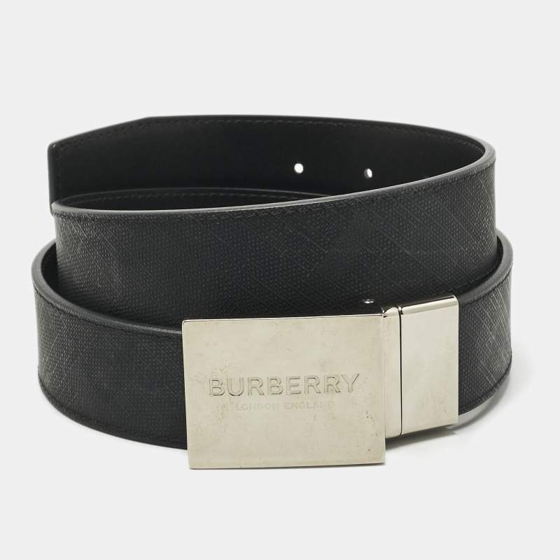 Pre Owned Burberry Dark Charcoal Check Coated Canvas Logo Plaque Buckle Belt 100 CM