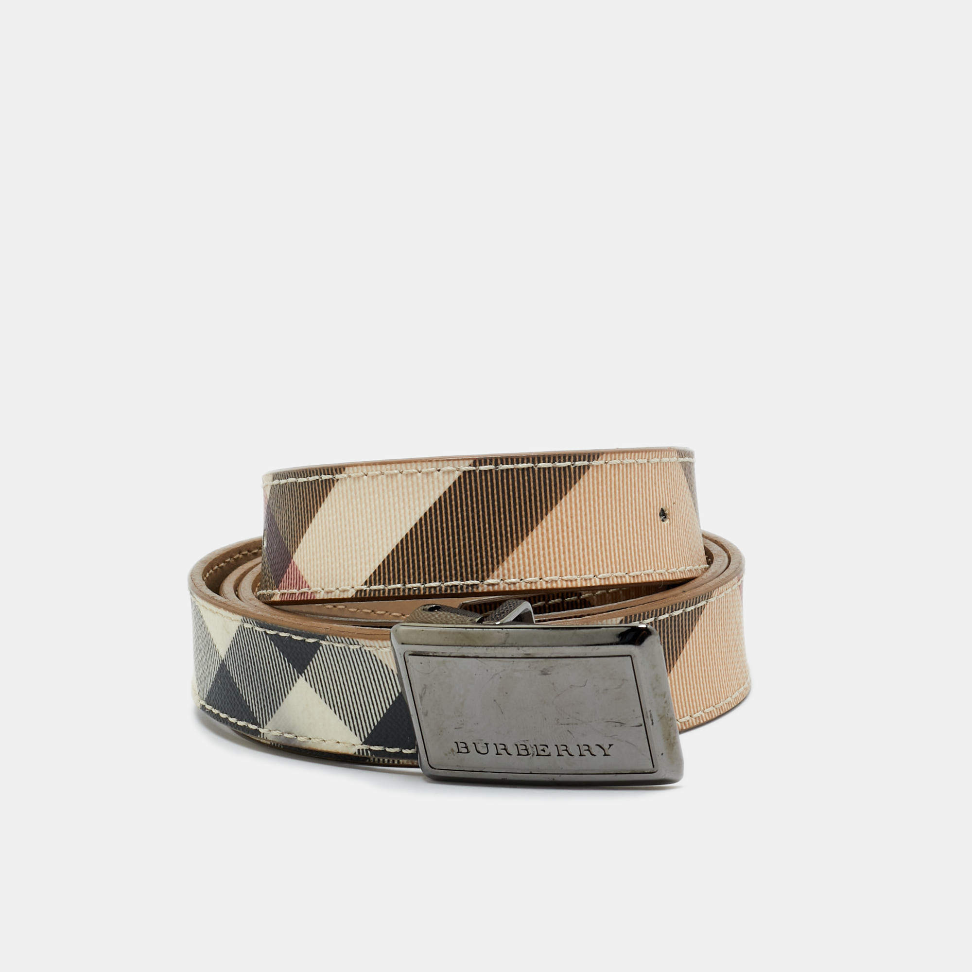 Pre Owned Burberry Beige Nova Check Coated Canvas Logo Plague Belt 100CM