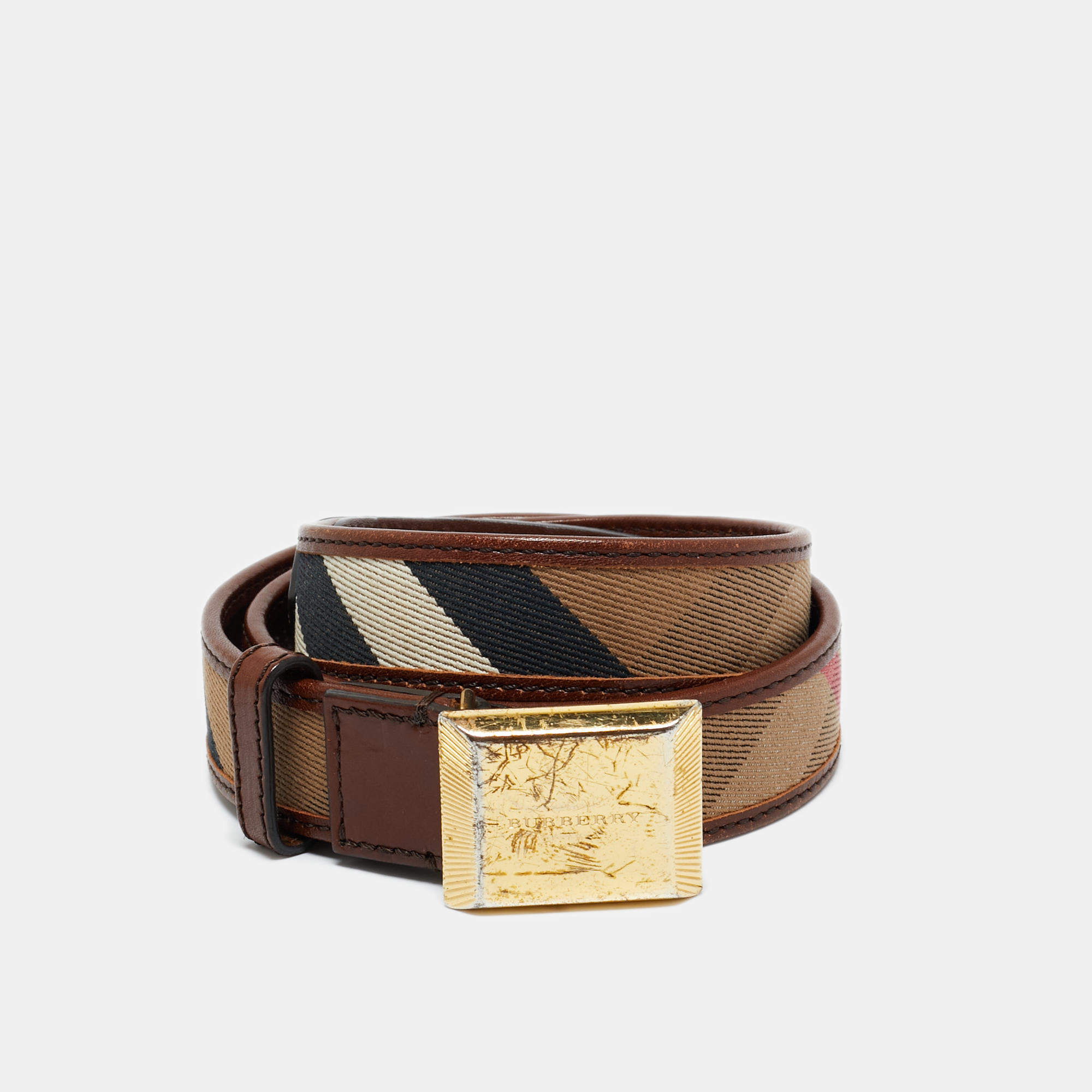 Pre Owned Burberry Brown House Check Canvas and Leather Logo Plague Belt 85CM