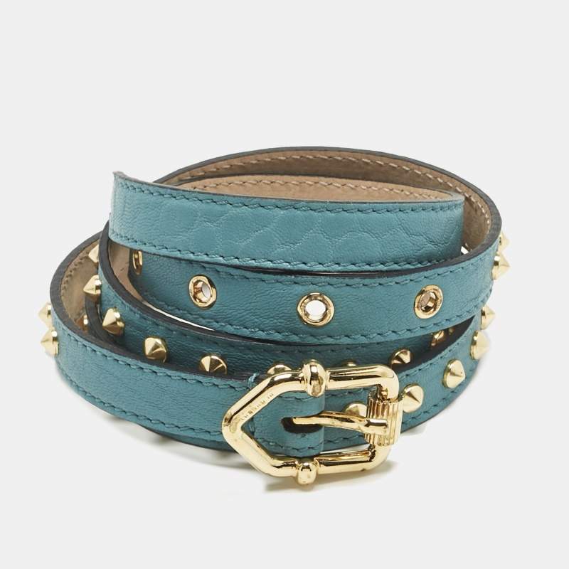 Pre Owned Burberry Blue Leather Studded Slim Buckle Belt 85CM