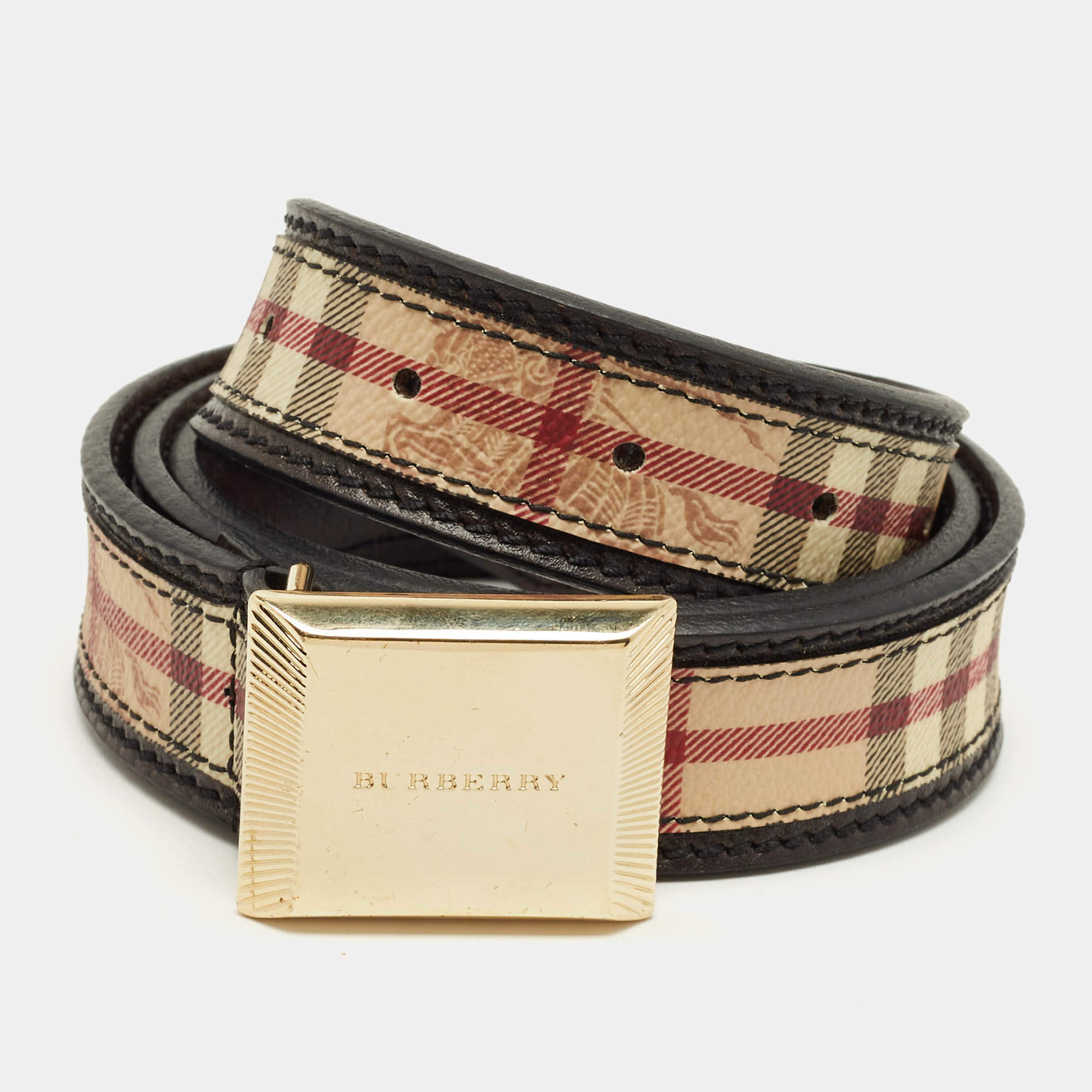 Pre Owned Burberry Beige Haymarket Check Coated Canvas Buckle Belt 90 CM