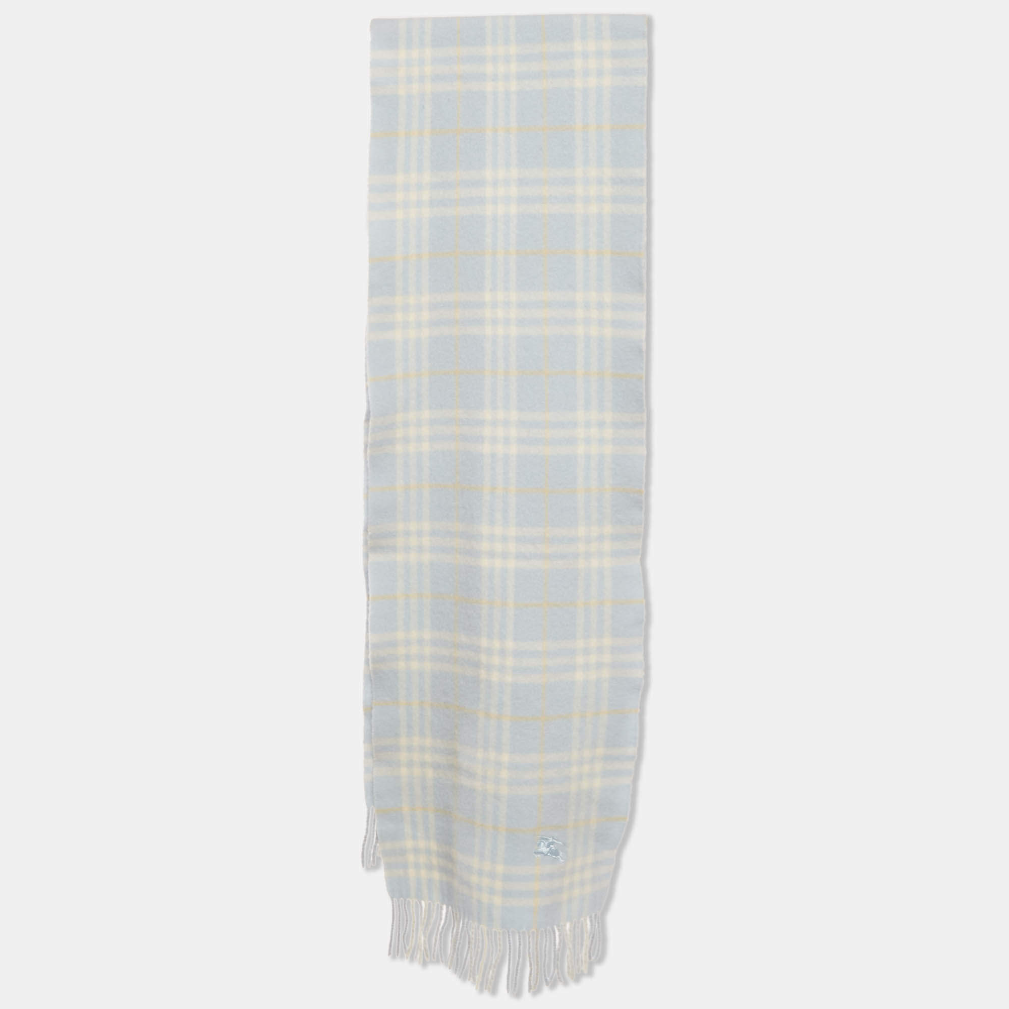Pre Owned Burberry Blue Checked Wool Fringed Scarf