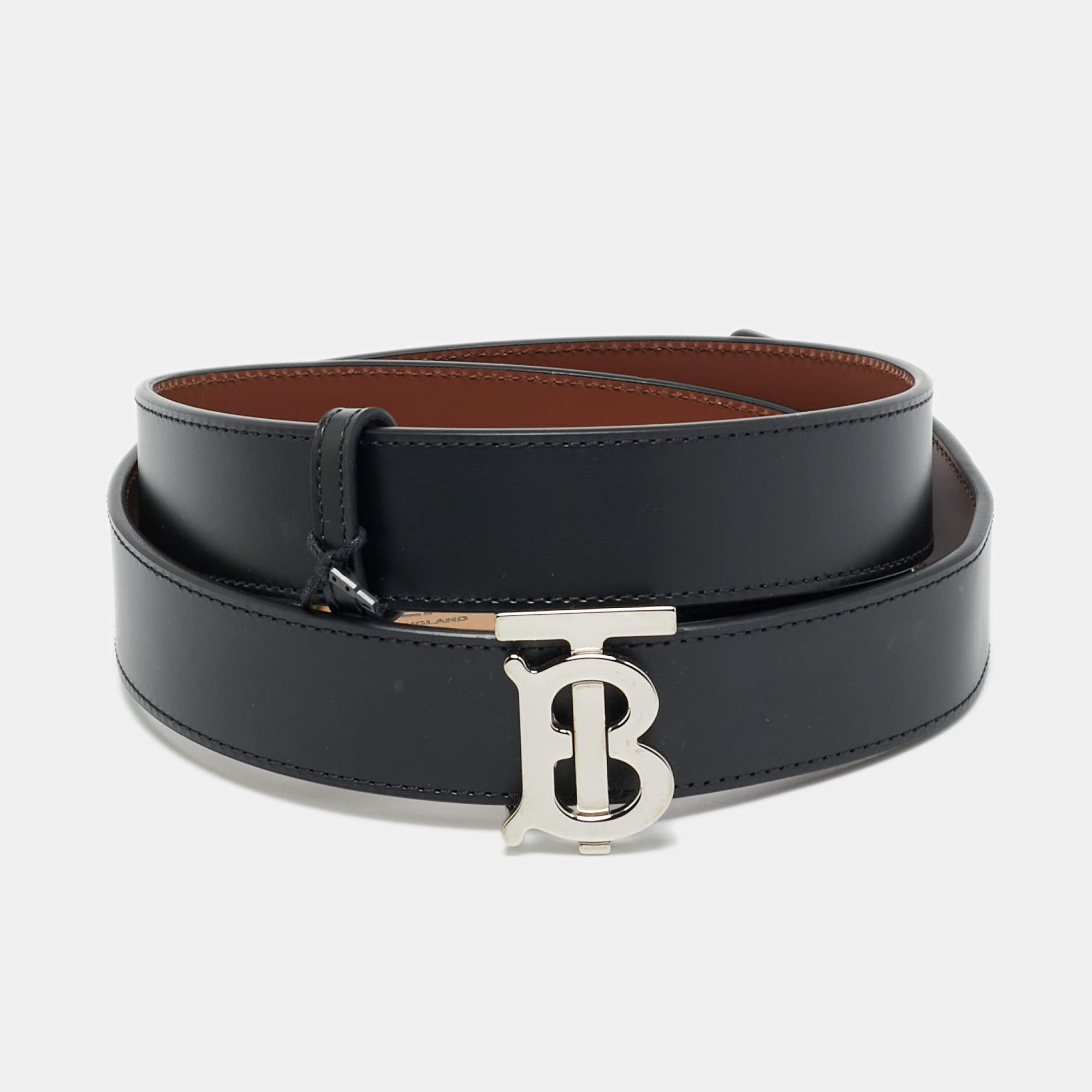 Pre Owned Burberry TB S Buckle Belt Black Leather