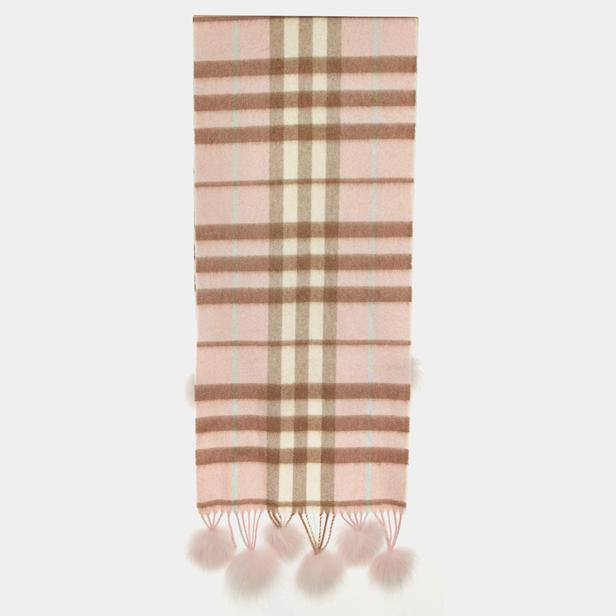 مملوكة مسبقًا Burberry Pink Nova Check Cashmere Fox Fur Pom-Pom Scarf
