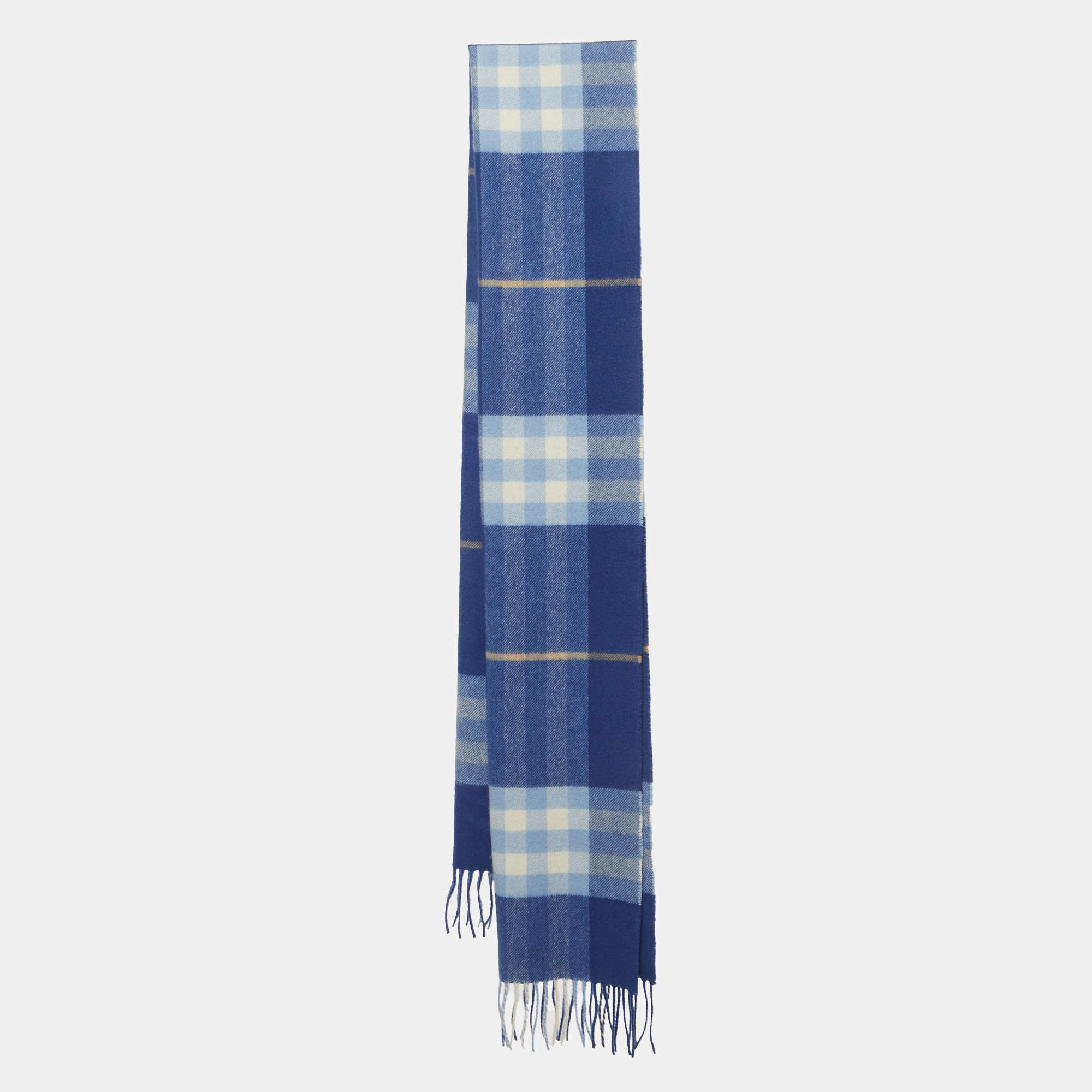 مملوكة مسبقًا Burberry Blue Checked Cashmere Fringed Stole