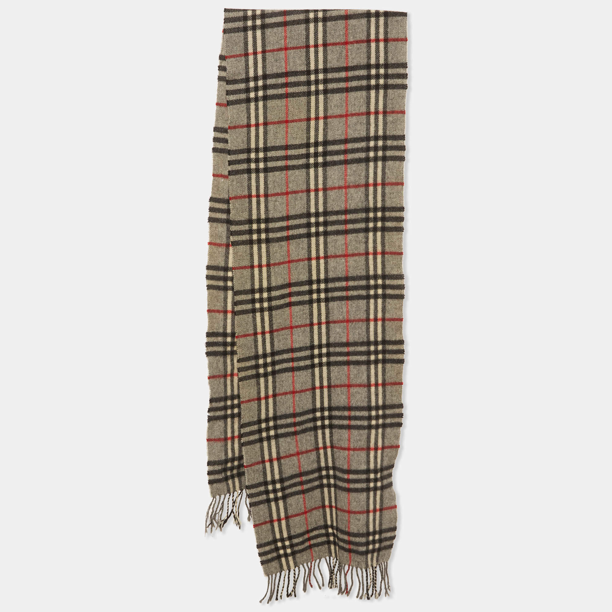 Pre Owned Burberry Grey Nova Checked Wool Fringed Scarf 