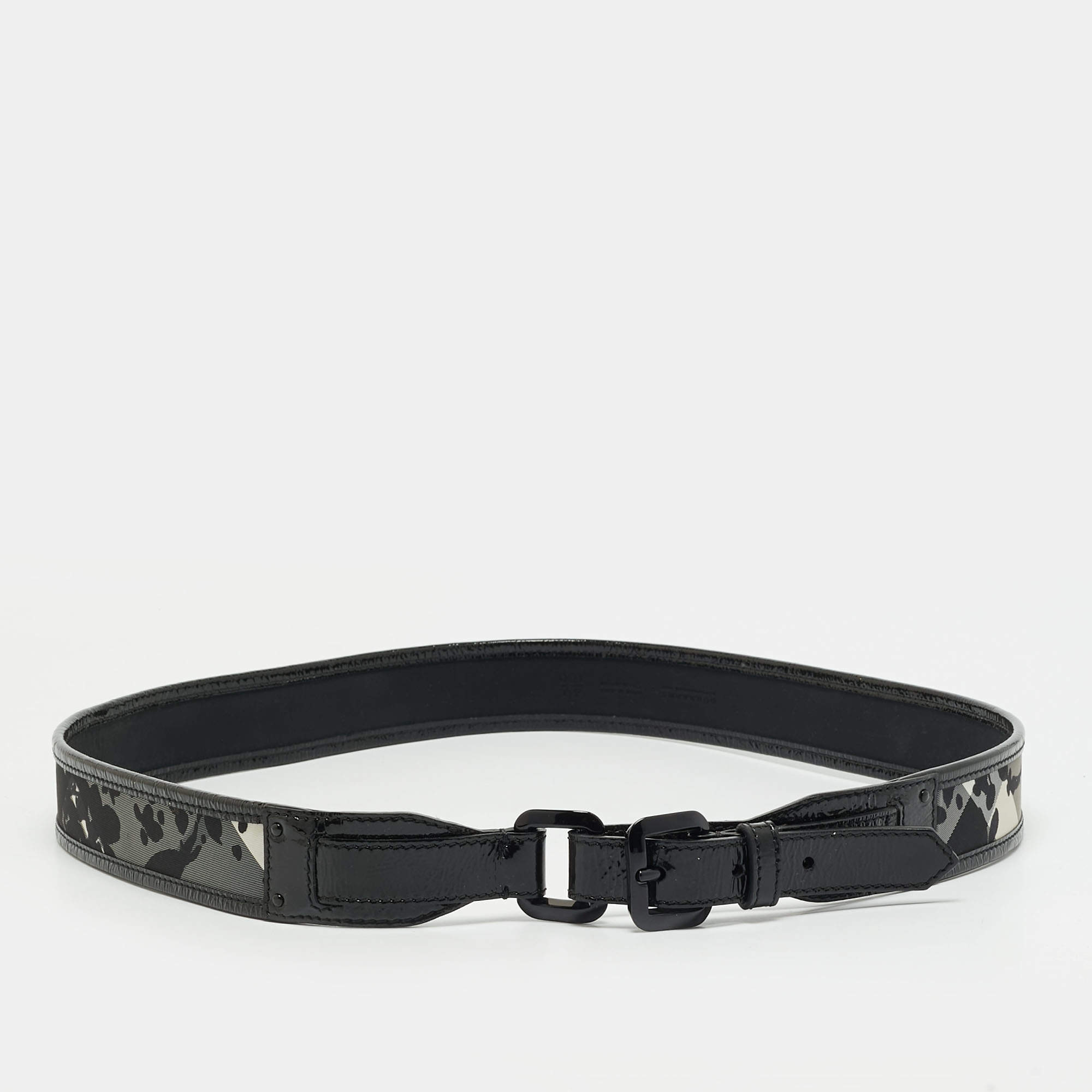 Pre Owned Burberry 100CM Buckle Belt Black Printed Check Nylon and Patent Leather