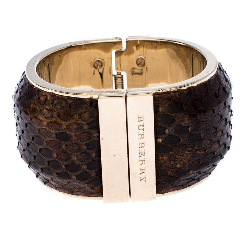 Burberry Brown Snakeskin Leather Gold Tone Hinged Wide Cuff Bracelet  Burberry | TLC