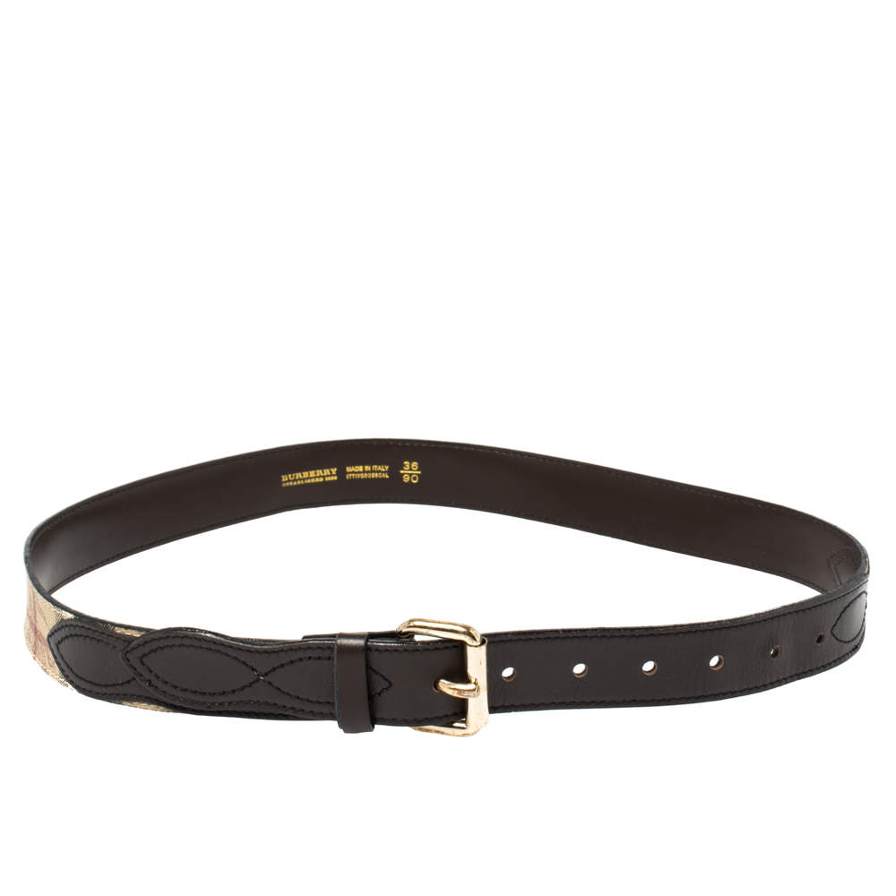 Pre Owned حزام بربري=جلد وكانفاس كاروهات هايماركت أسود/ بيج 90 سم