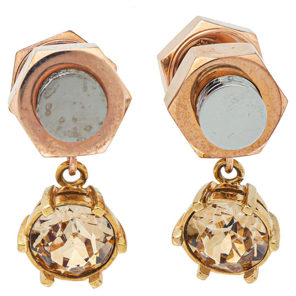 Pre Owned Burberry Two Tone Topaz Crystal Nut & Bolt Drop Earrings