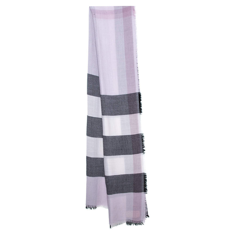 Pre Owned Burberry Lavender & Black Check Pattern Cashmere Scarf