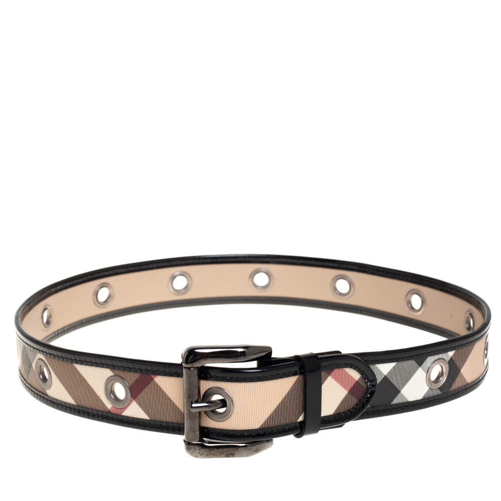 مملو كة مسبقًا حزام بربري إبزيم غرومنت جلد لامع وكانفاس مقوى كاروهات نوفا بيج/ أسود 80 سم