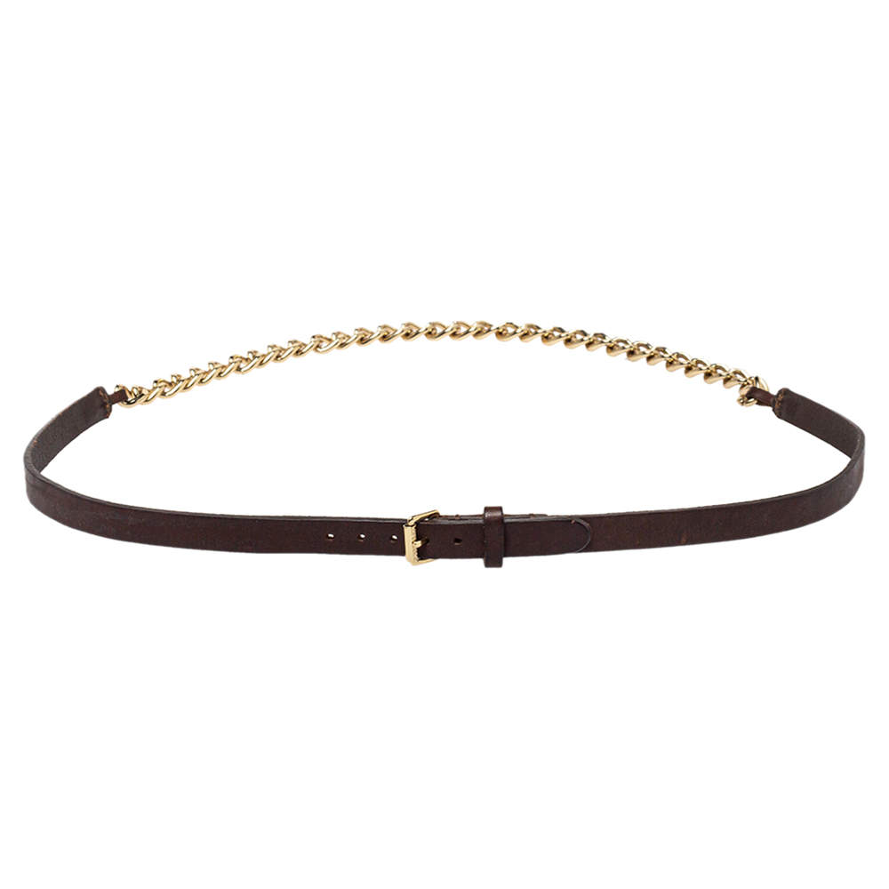 Burberry Brown/Gold Leather and Chain Skinny Belt 85CM