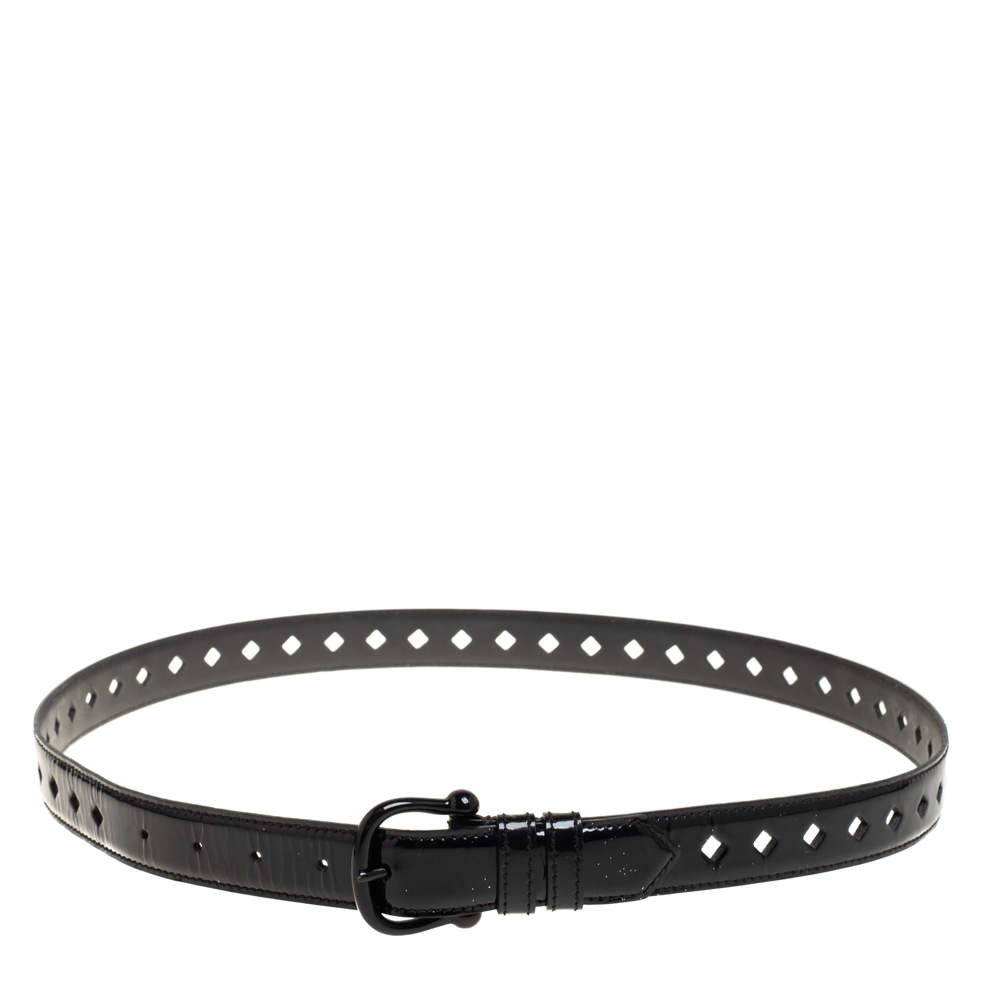 Pre Owned Burberry Black Patent Leather Diamond Laser Cut Buckle Belt 100CM