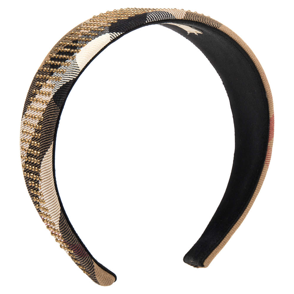 Pre Owned Burberry Brown Novacheck Crystal Embedded Headband