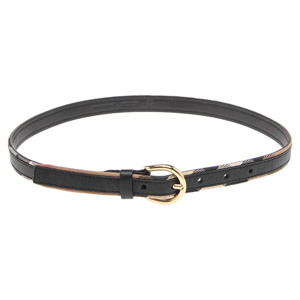 Pre Owned Burberry Black/Beige Leather and House Check Canvas Buckle Belt 75CM