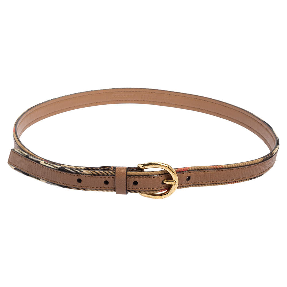 Pre Owned Burberry Brown/Beige Leather and House Check Canvas Slim Buckle Belt 85CM