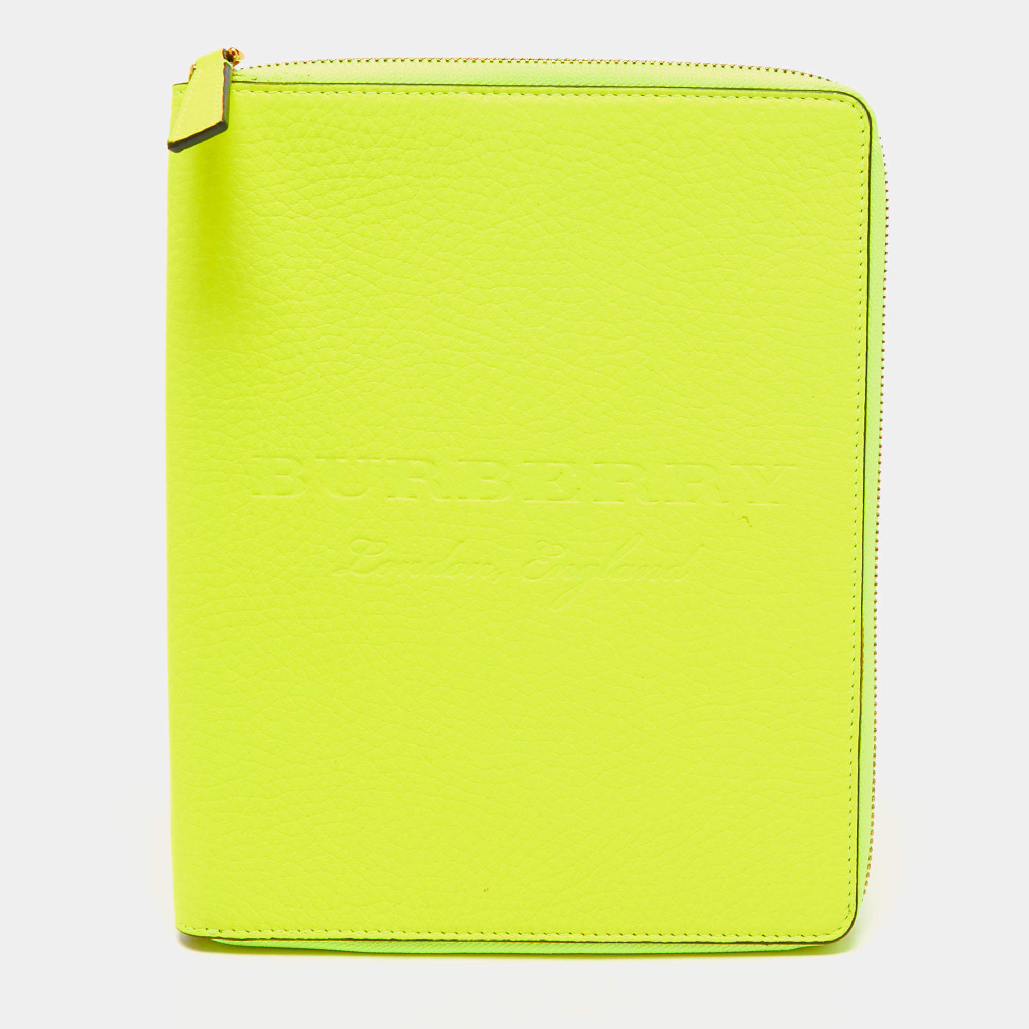 Pre Owned Burberry Neon Green Leather A6 Notebook Agenda Cover