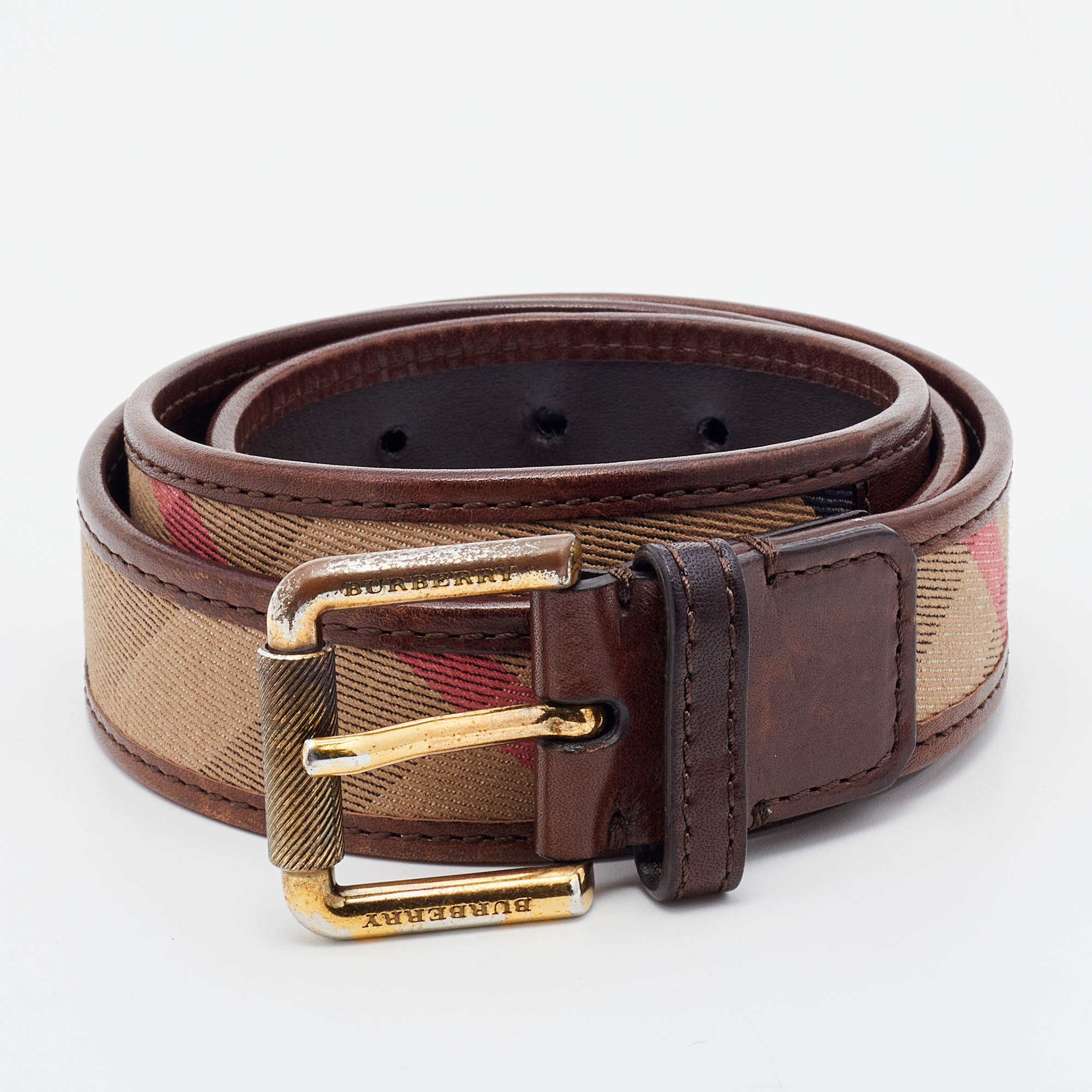 Burberry Brown/Beige Nova Check Canvas And Leather Buckle Belt 85 CM