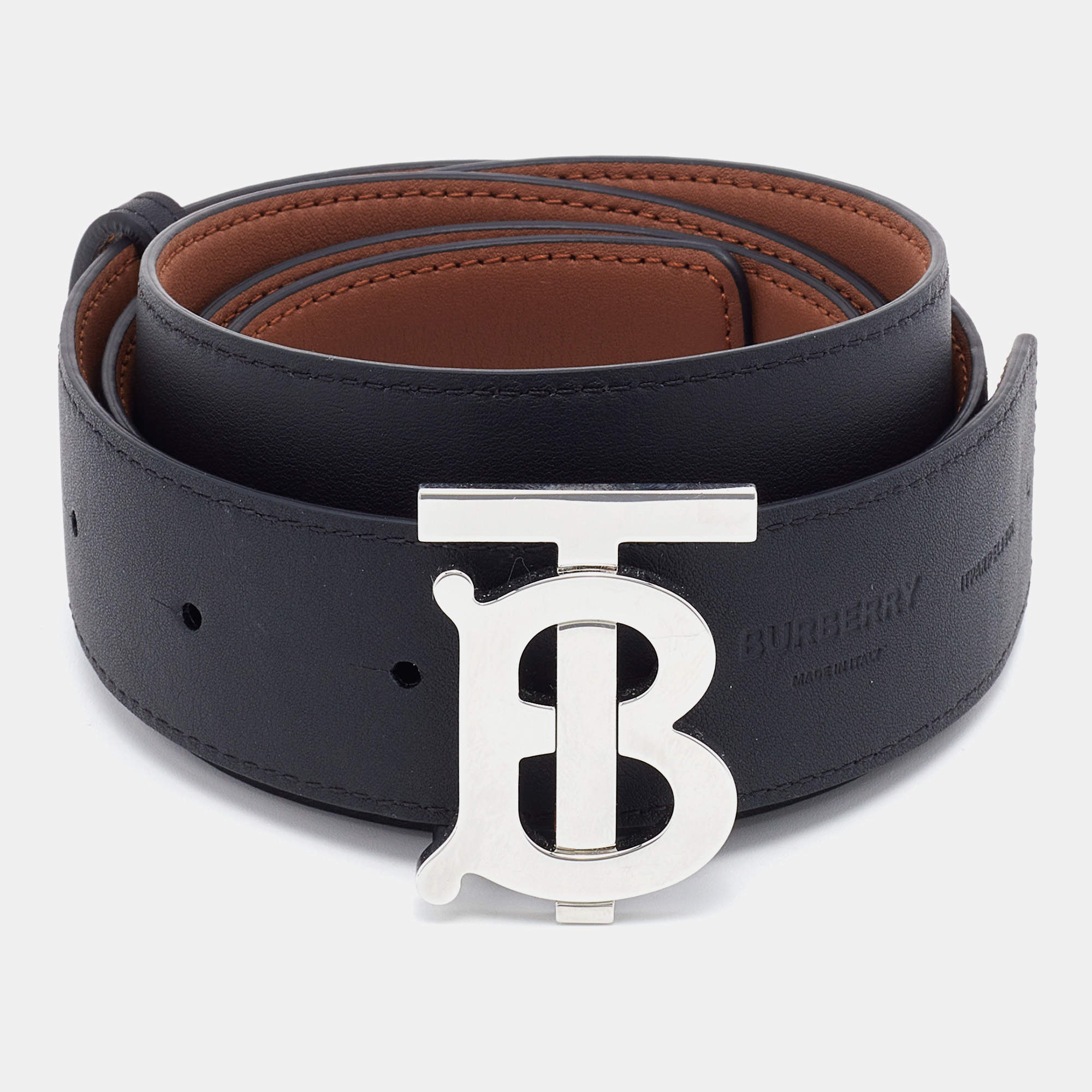 Pre Owned Burberry Black/Brown Leather Reversible Monogram Motif Buckle Belt L