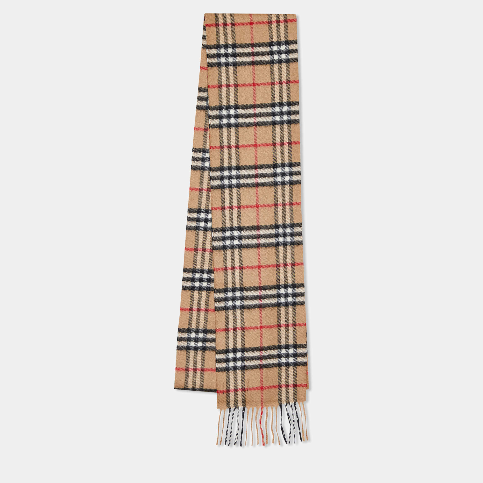 Pre Owned Burberry Beige Checked Cashmere Fringe Stole