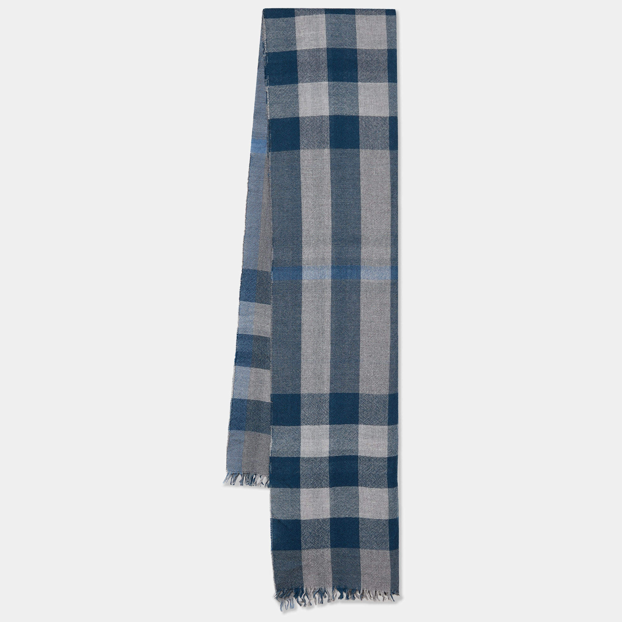 Pre Owned Burberry Grey & Blue Nova Check Fringed Gauze Scarf