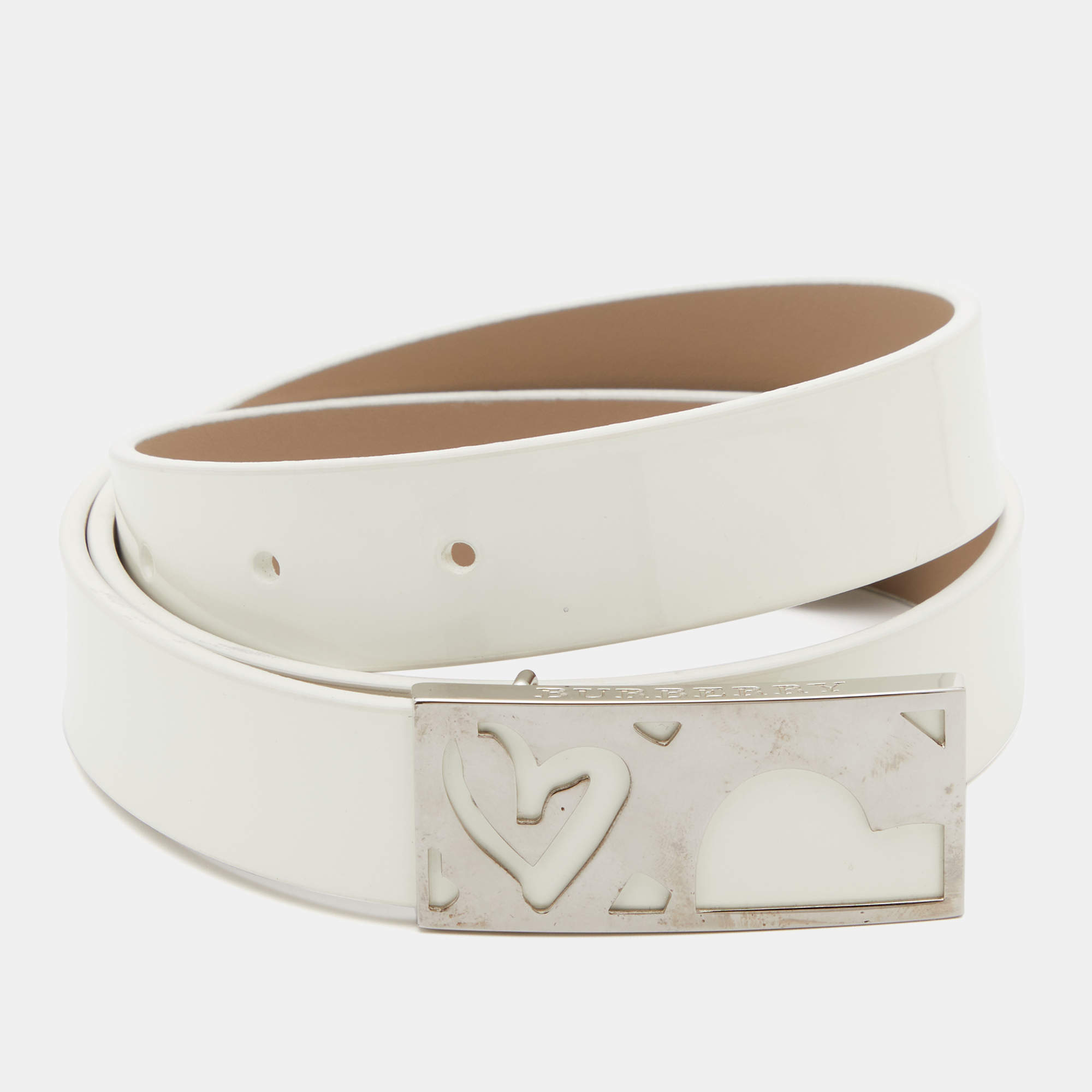 مملوكة مسبقًا Burberry White Patent Leather Heart Buckle Belt 80 CM