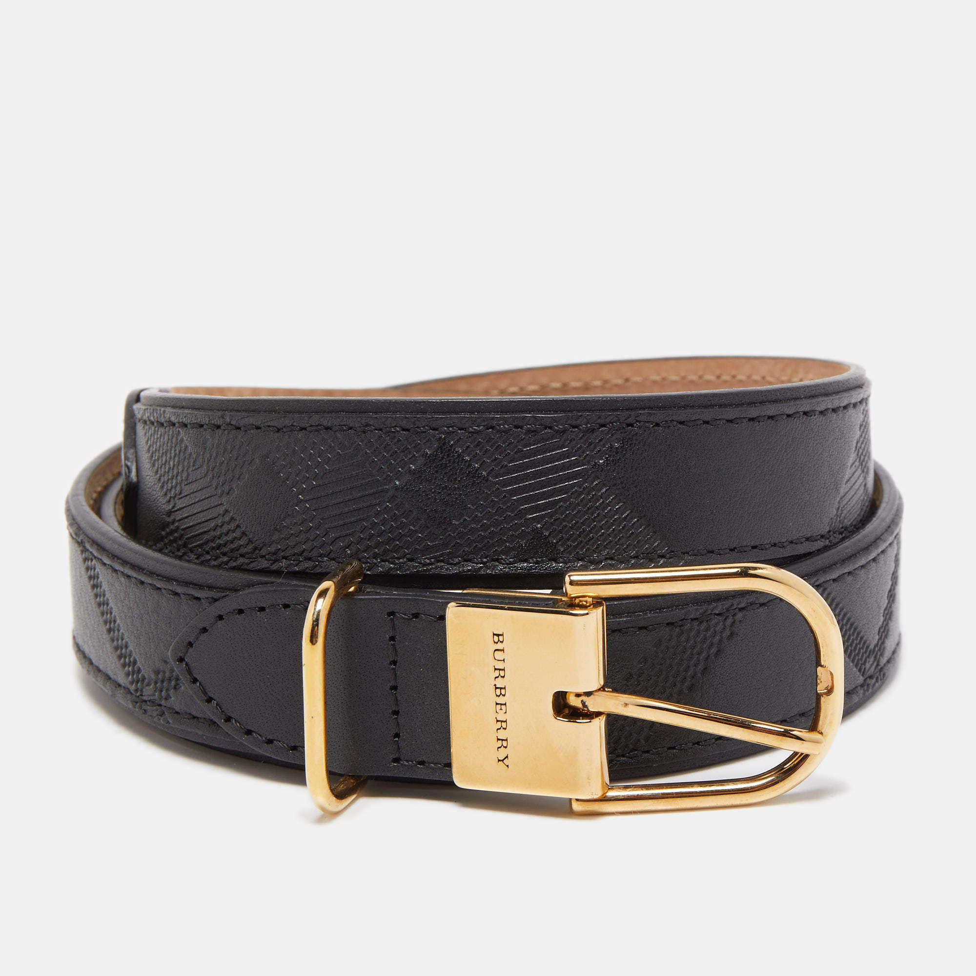 Burberry Black Embossed Check Leather Buckle Belt 90CM