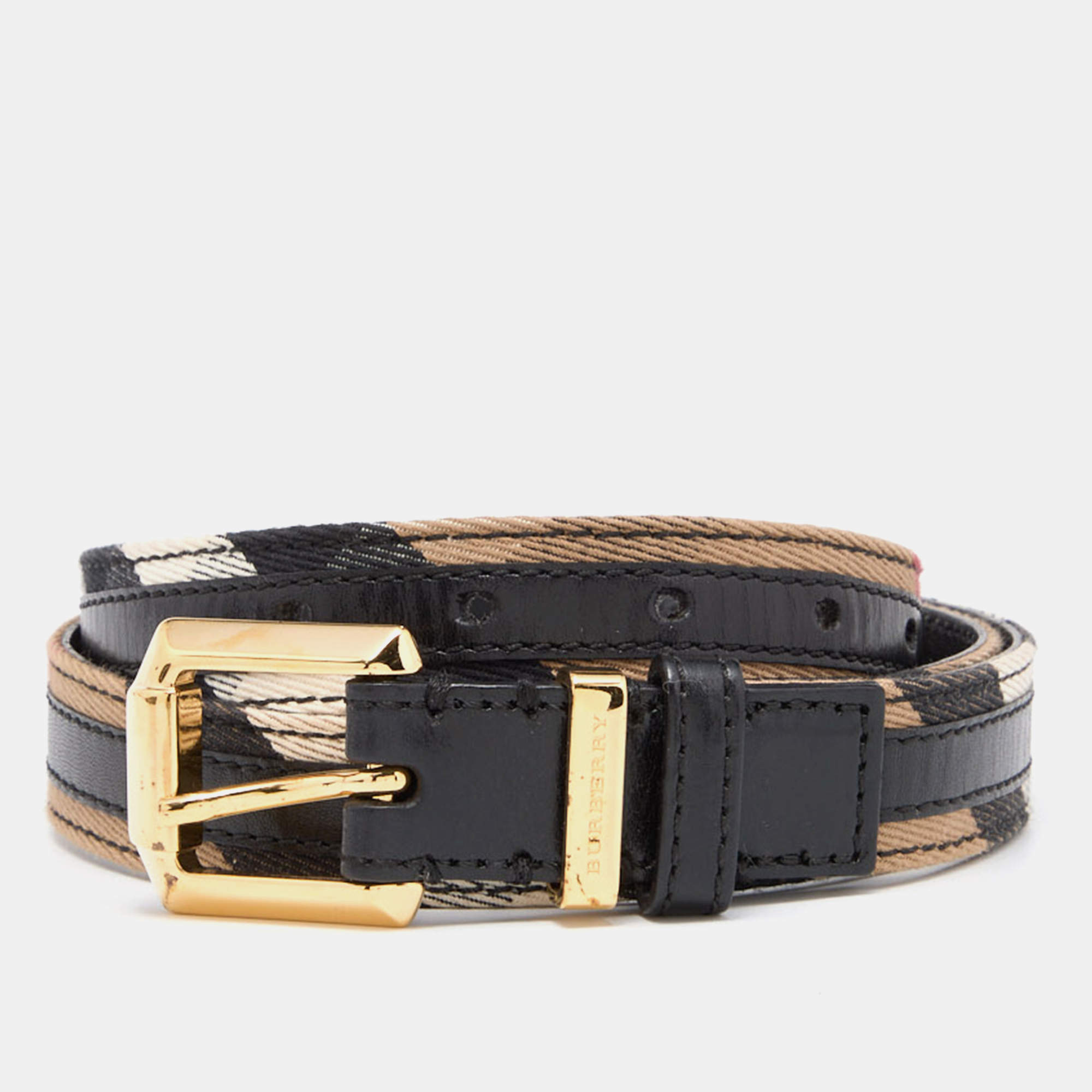 Pre Owned Burberry Black/Beige House Check Canvas and Leather Buckle Belt 85CM