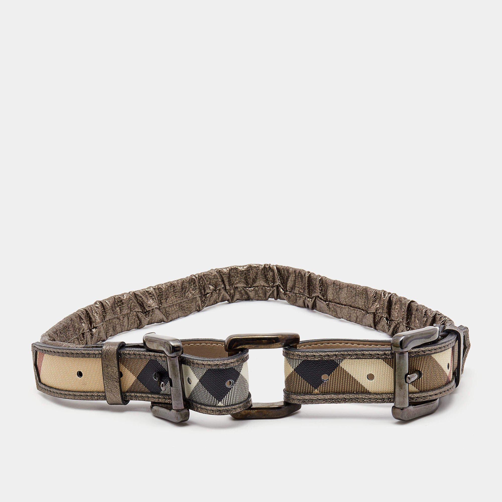 Burberry Metallic/Beige Nova Check Coated Canvas and Leather Double Buckle Belt 80CM