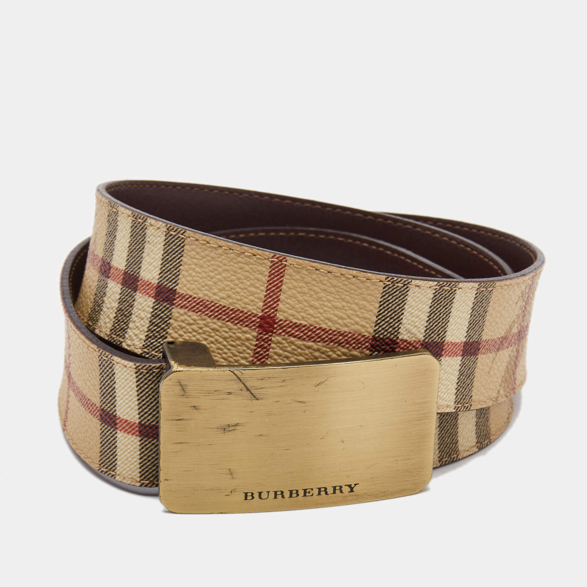 Burberry Beige Haymarket Coated Canvas Logo Plague Cut to Size Belt 100CM