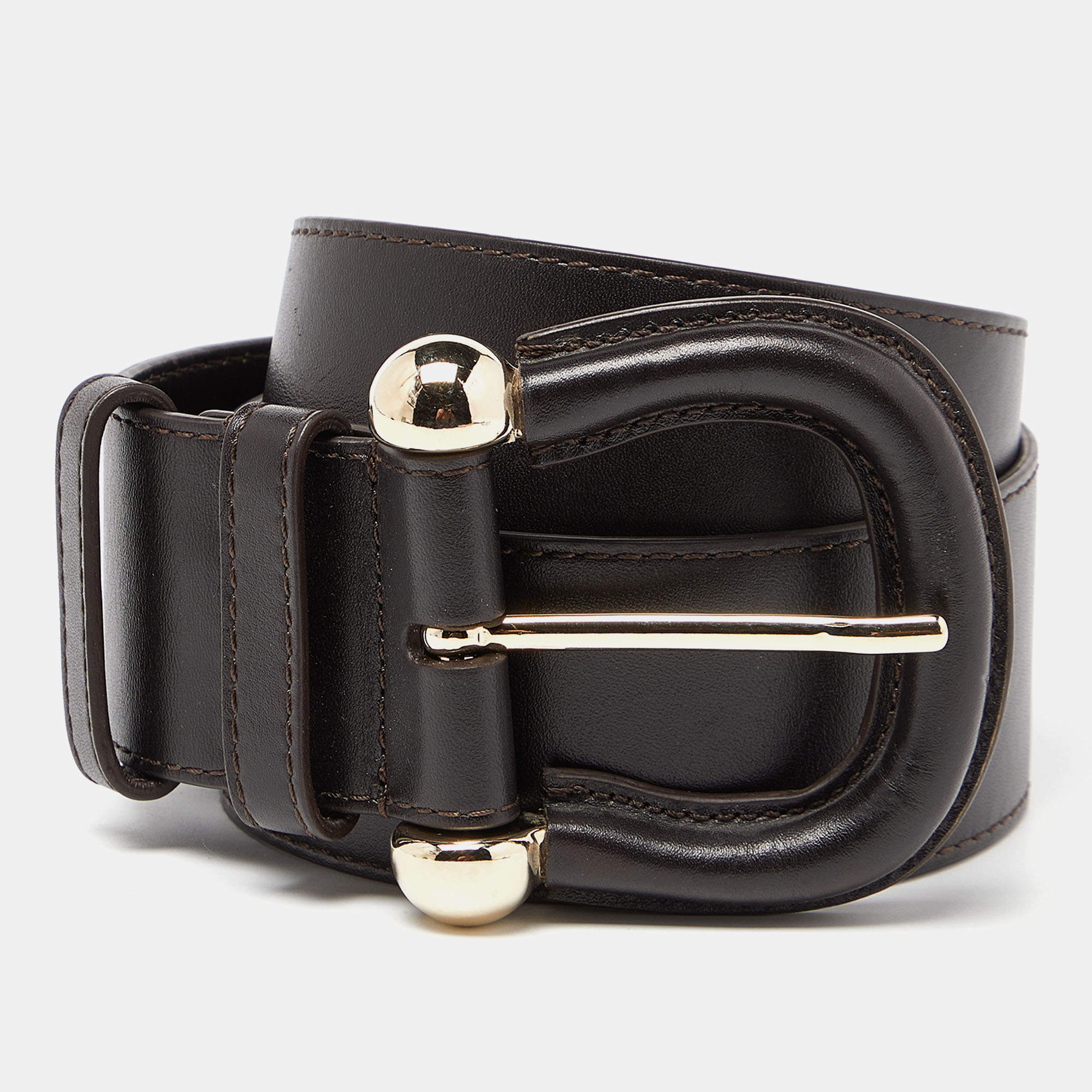 Pre Owned Burberry Dark Brown Leather Waist Wide Buckle Belt 90CM