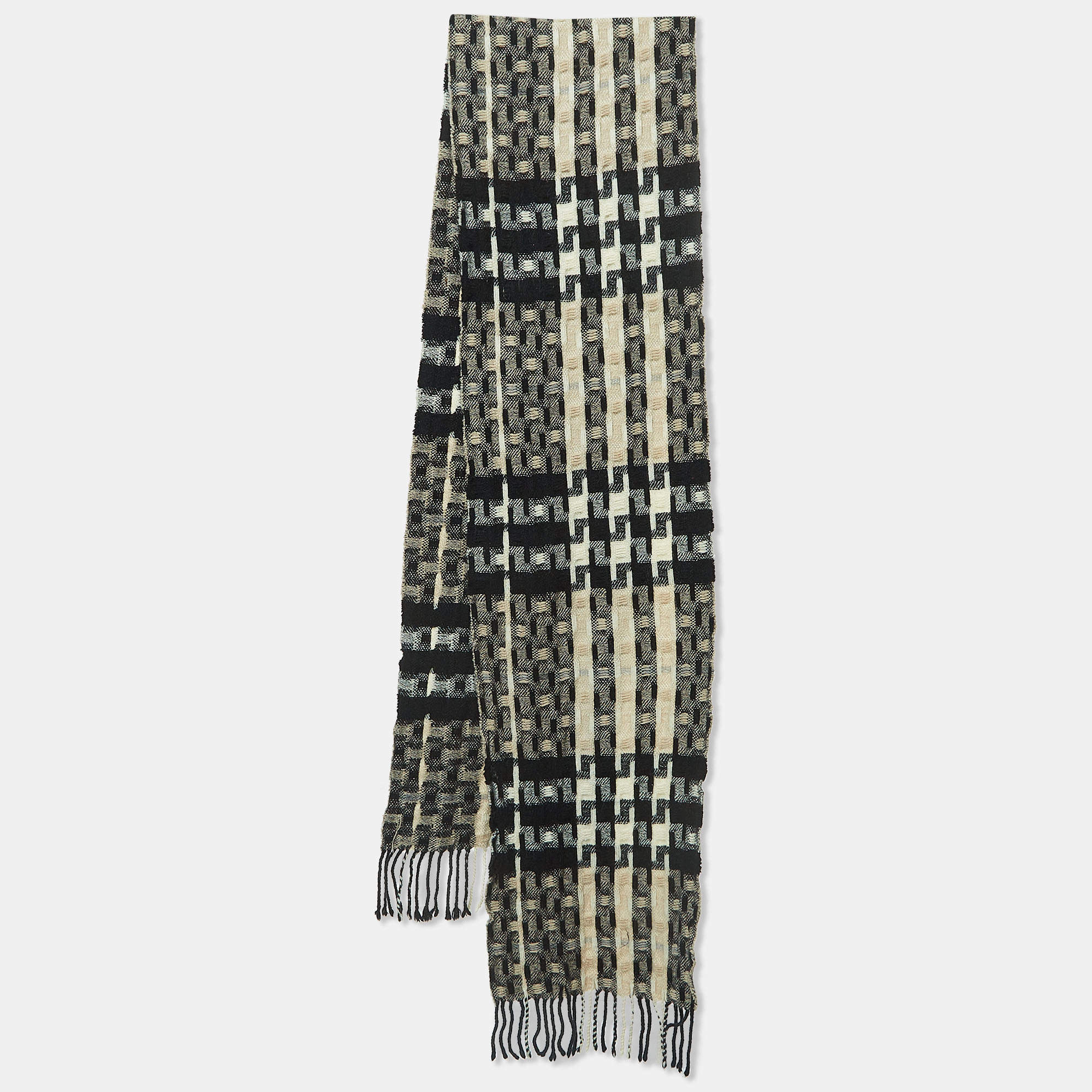 Burberry Black Nova Check Patterned Wool Fringed Scarf