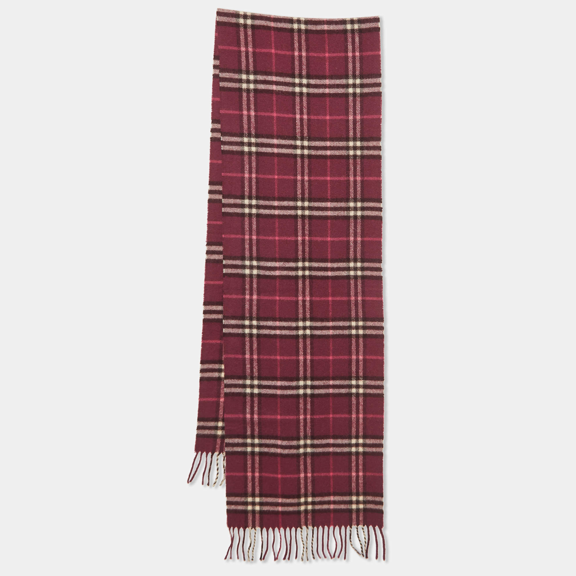 Pre Owned Burberry Purple Plaid Wool Fringed Muffler