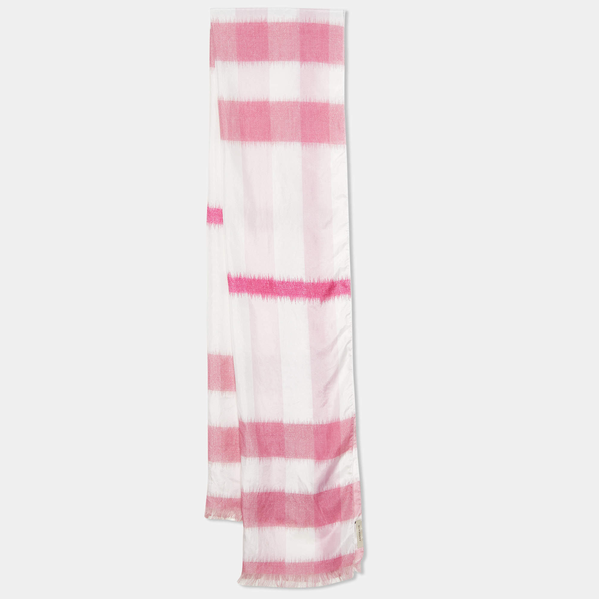 Pre Owned Burberry Vintage Pink/White Horseferry Print Silk Fringed Scarf