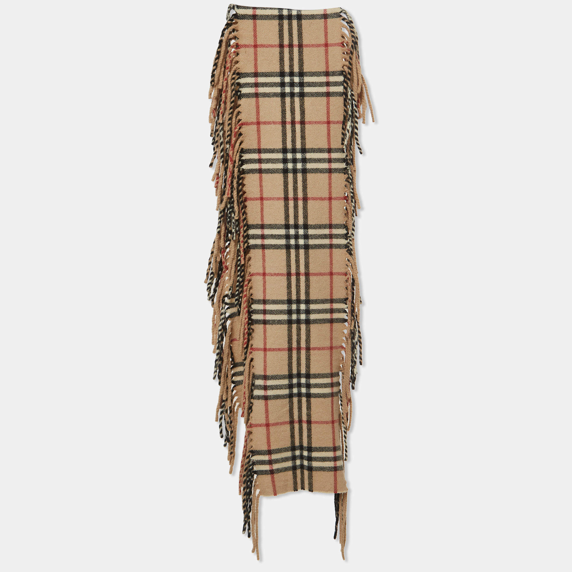 Pre Owned Burberry Beige Checked Cashmere Fringed Scarf