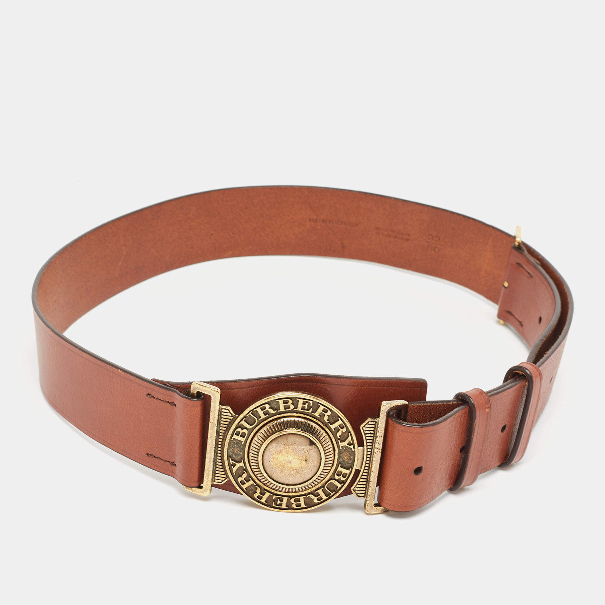 Burberry Brown Leather Round Buckle Belt Size 80 CM