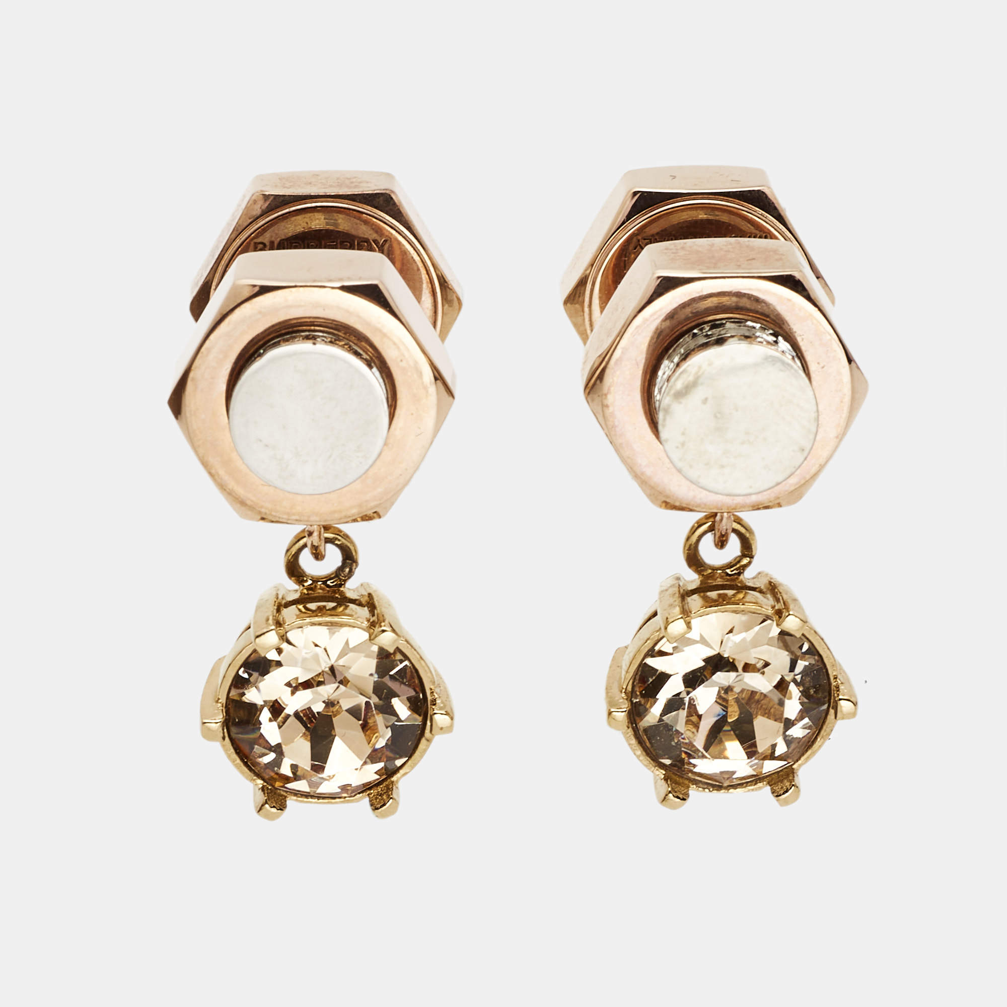 Pre Owned Burberry Crystal Nut & Bolt Two Tone Drop Earrings