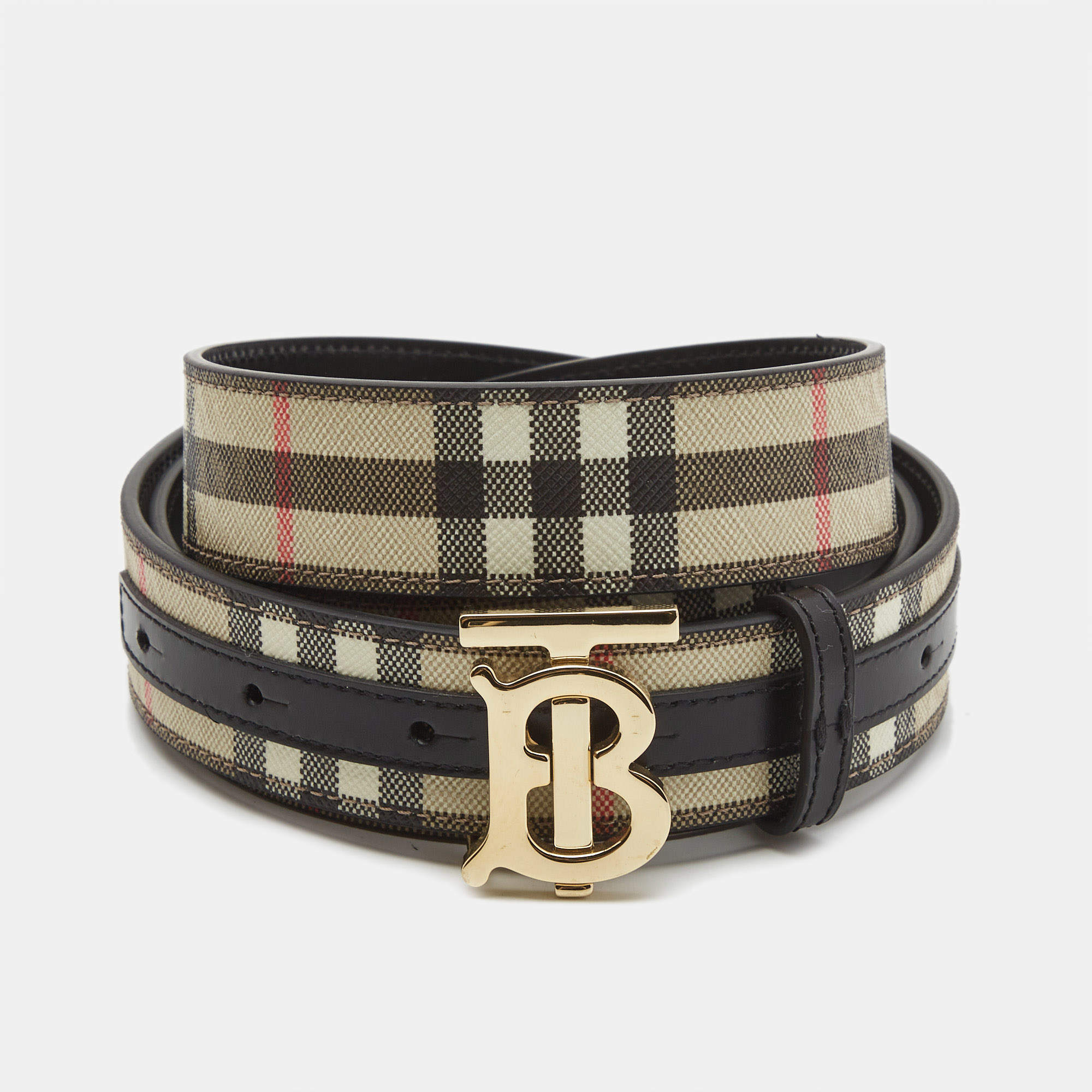 مملوكة مسبقًا Burberry Black/Beige House Check Coated Canvas and Leather TB Logo Belt M