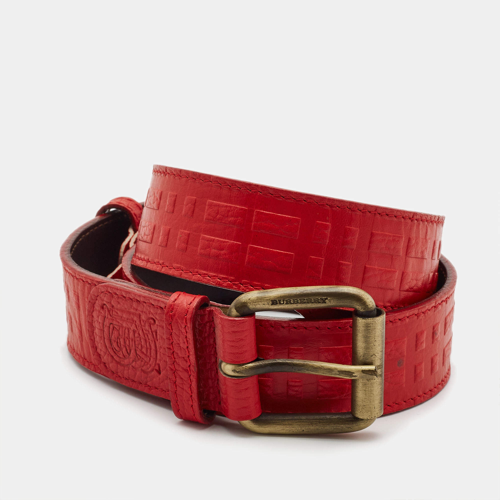 Burberry Red Embossed Leather Buckle Belt 80CM Burberry TLC