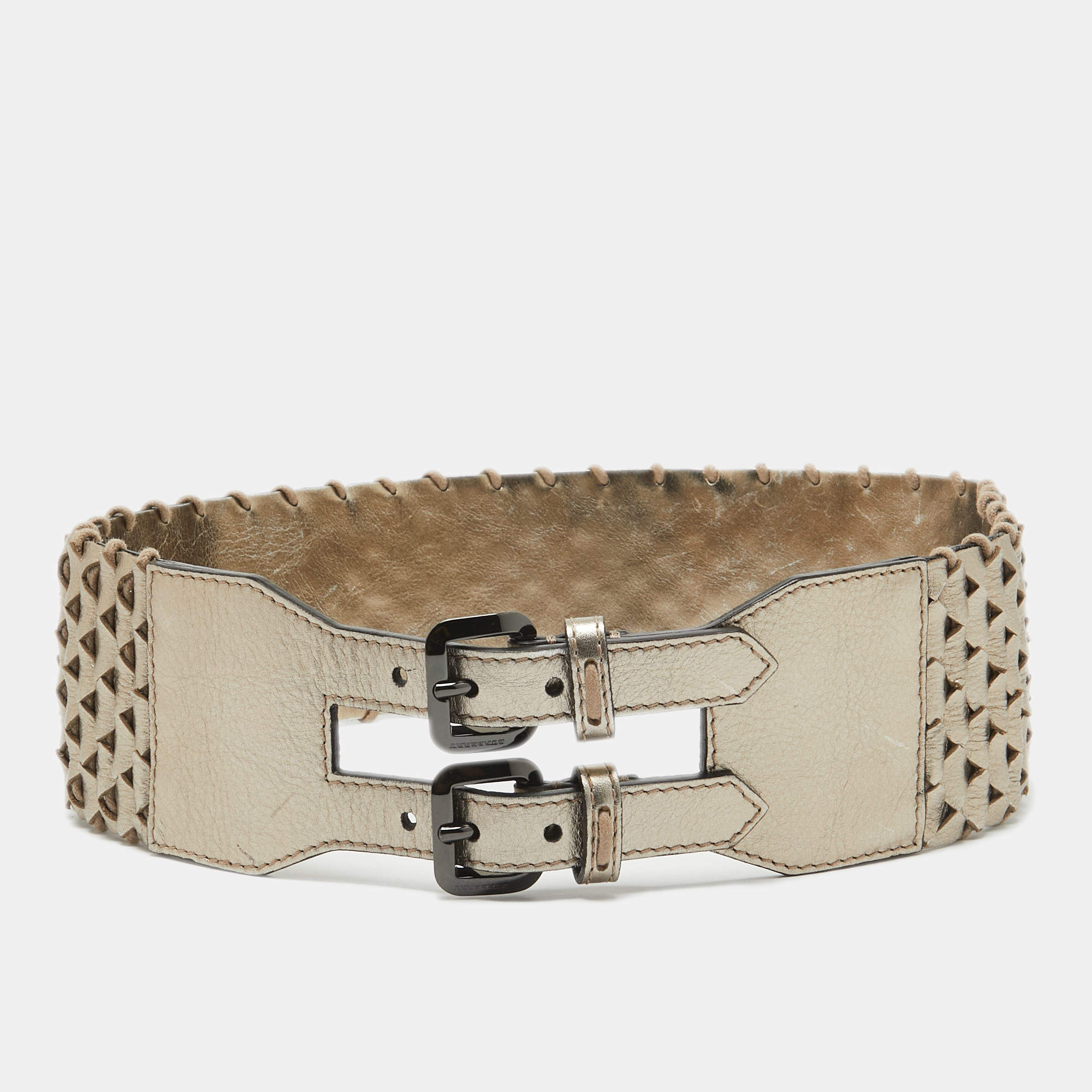 مملوكة مسبقًا Burberry Metallic Woven Leather Double Buckle Waist Belt 80 CM